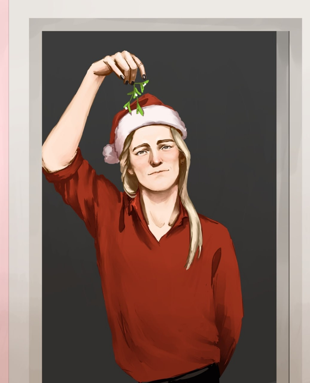 Long-haired guy in Christmas clothes stands in the doorway and holds a spring of mistletoe.