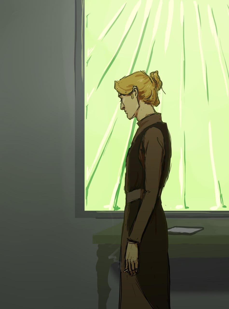 A sad man in a dark clothes in front of the window with green glass.