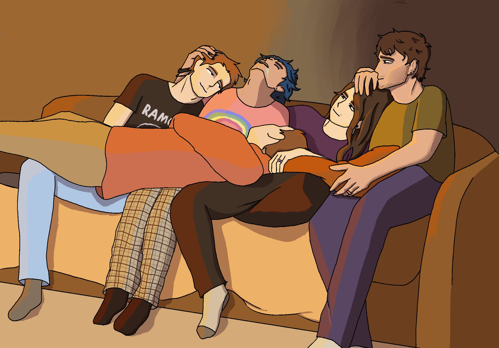 My ocs Xavier,Alex,Ashton,Lucas, and James(left to right) all hanging out on a couch cuddling, Ashton is laying on top of Xavier,Alex, and Lucas while the others are leaning on each other towards the right