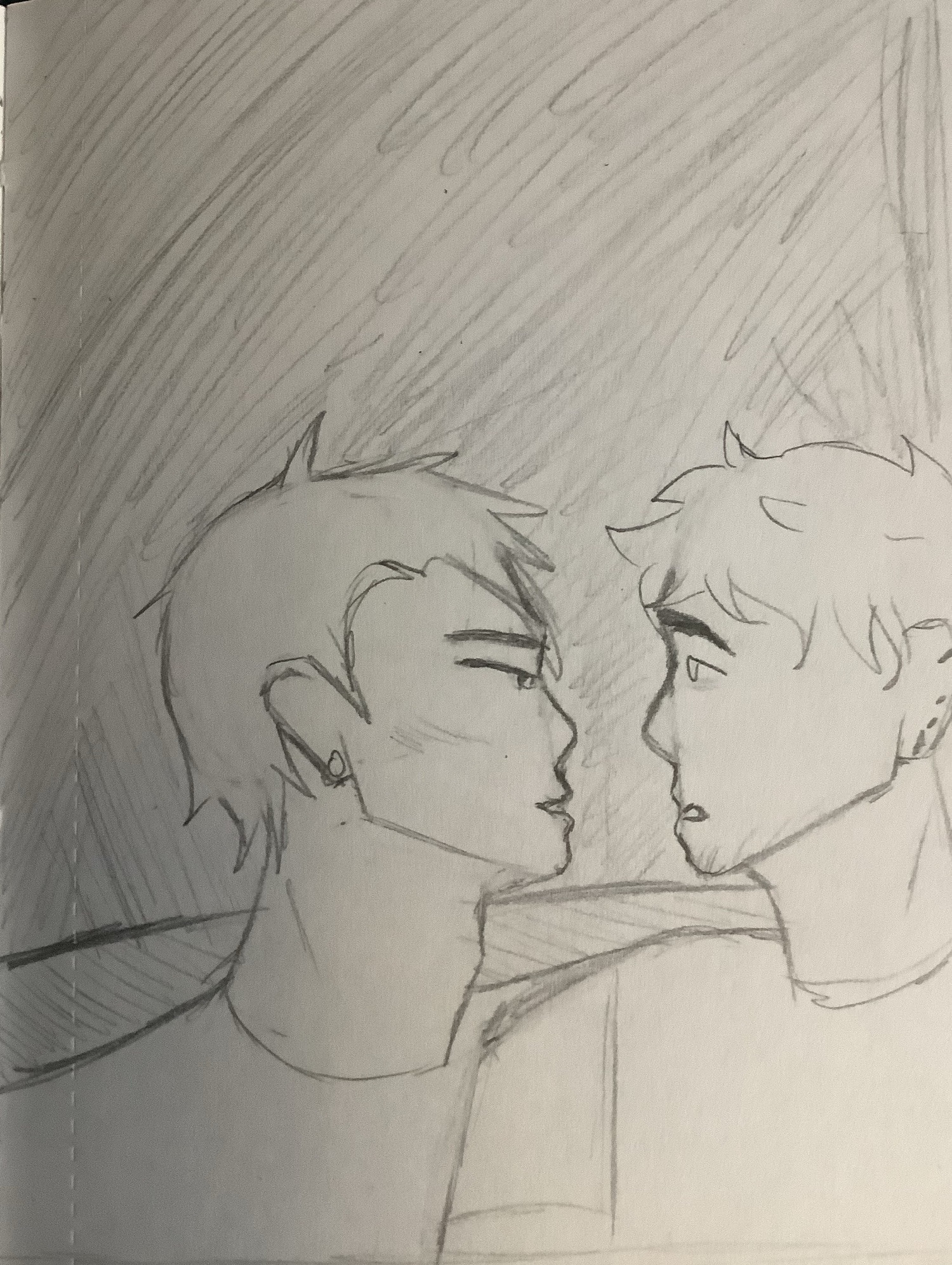 My ocs Lucas and James sitting on a couch ( Lucas on the left and James on the right), Lucas is facing James, about to go in for a kiss