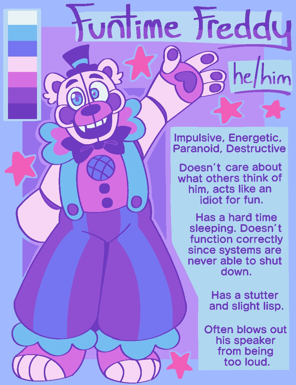 A reference sheet of funtime freddy. There is informative text about him, reading: “Impulsive, energetic, paranoid, destructive. Doesn’t care about what others think of him, acts like an idiot for fun. Had a hard time sleeping. doesn’t function correctly since systems are never able to shut down. Have a stutter and slight lisp. Often blows out his speaker from being too loud.”