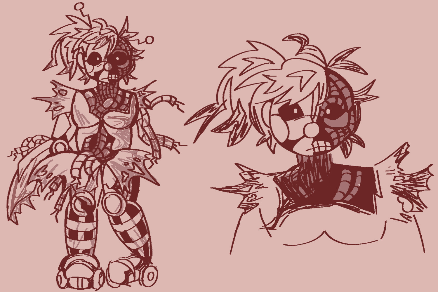 a charred, heavily damaged version of scrap baby. She’s missing the left half her face, the wiring exposed underneath, the same goes for her chest and stomach. Her left arm is also entirely gone, and half of her claw is gone. Her left leg is crooked and cracked.