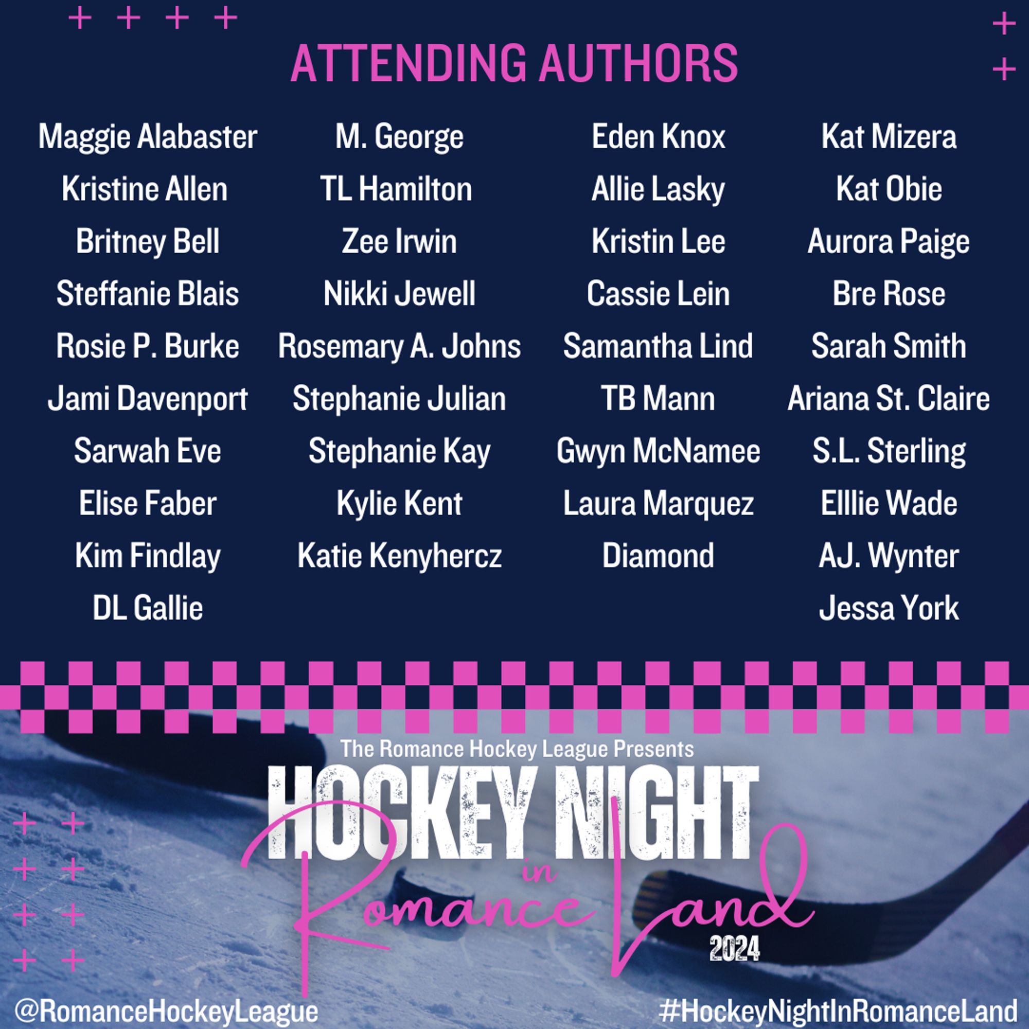 Hockey Night in Romance land, blue background with list of authors, pucks and stick on ice below that.