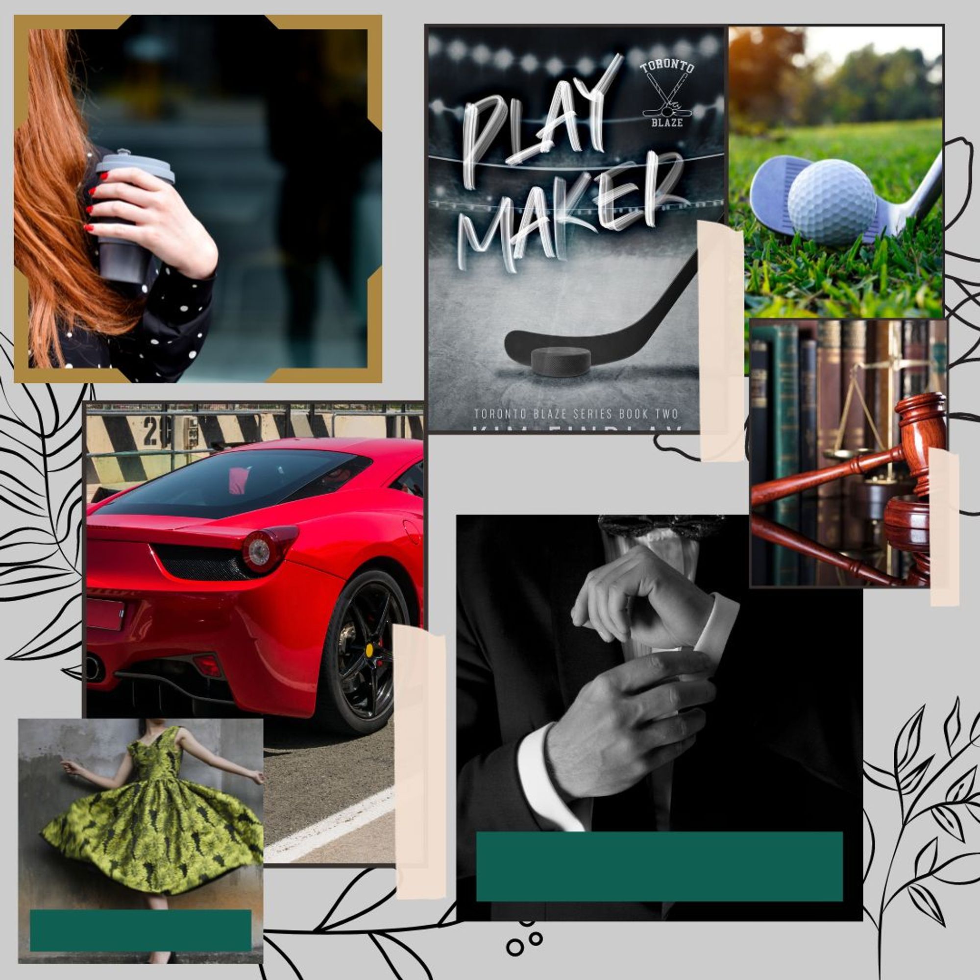 Copy of Playmaker book cover, with pictures of red haired woman, red Ferrari, green dress, gold, man adjusting cuffs, legal hammer.