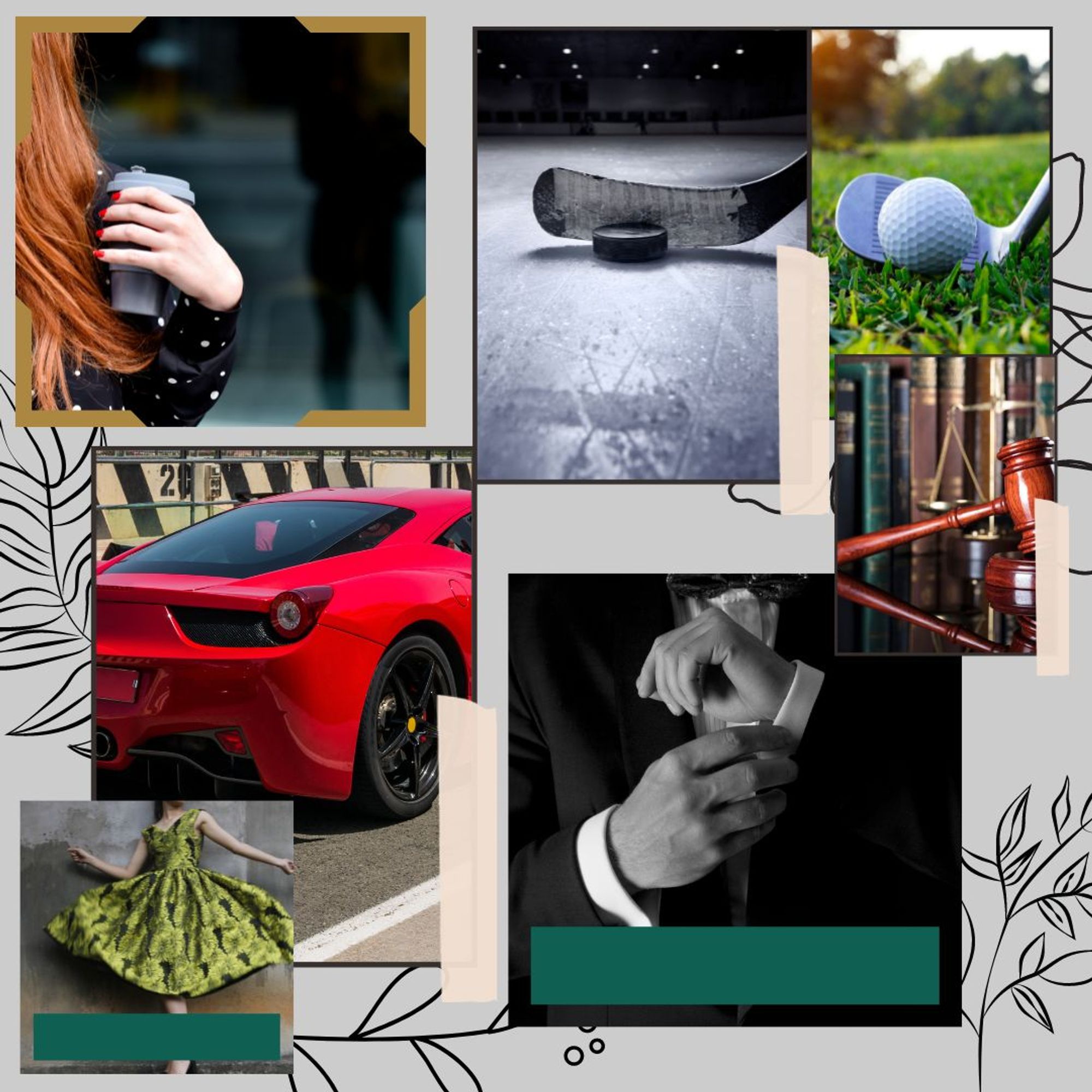 Pictures of: red haired woman, hockey stick and puck on ice, golf club and ball, red Ferrari, gavel and scales, green dress, man in tuxedo