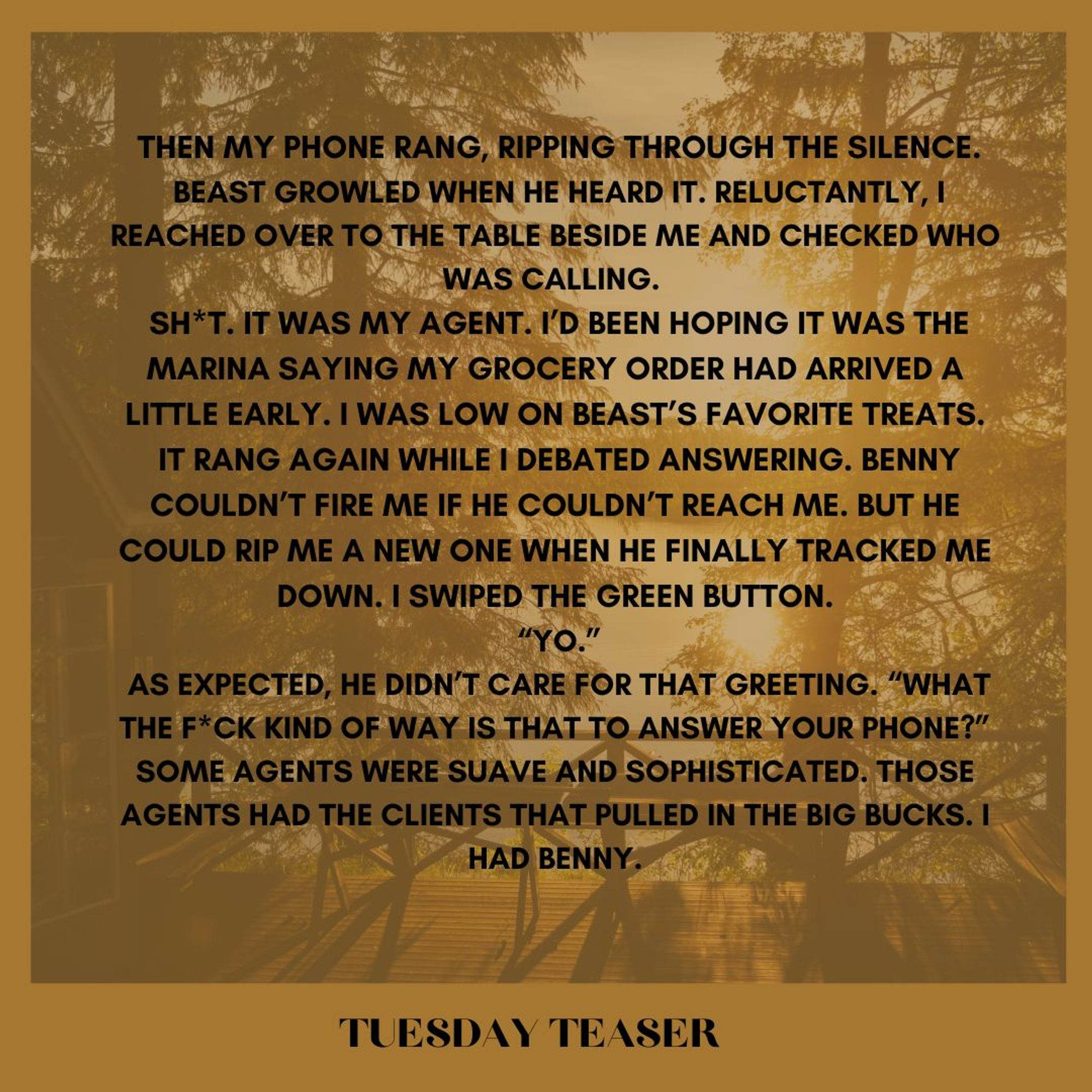 Then my phone rang, ripping through the silence.
Beast growled when he heard it. Reluctantly, I reached over to the table beside me and checked who was calling. 
Shit. It was my agent. I’d been hoping it was the marina saying my grocery order had arrived a little early. I was low on Beast’s favorite treats.
It rang again while I debated answering. Benny couldn’t fire me if he couldn’t reach me. But he could rip me a new one when he finally tracked me down. I swiped the green button.
“Yo.”
As expected, he didn’t care for that greeting. “What the fuck kind of way is that to answer your phone?” Some agents were suave and sophisticated. Those agents had the clients that pulled in the big bucks. I had Benny.
Tuesday Teaser
Golden background , looking from cottage deck over lake