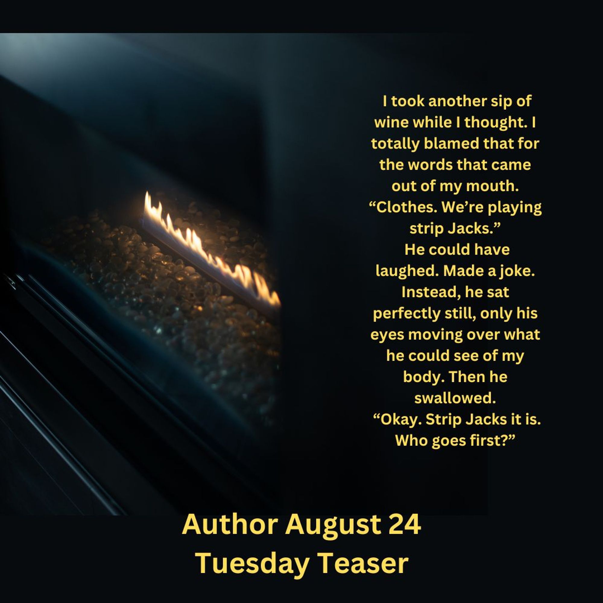 I took another sip of wine while I thought. I totally blamed that for the words that came out of my mouth. “Clothes. We’re playing strip Jacks.”
He could have laughed. Made a joke. Instead, he sat perfectly still, only his eyes moving over what he could see of my body. Then he swallowed.
“Okay. Strip Jacks it is. Who goes first?”
Black background with gas fireplace, Author August 24 Tuesday Teaser