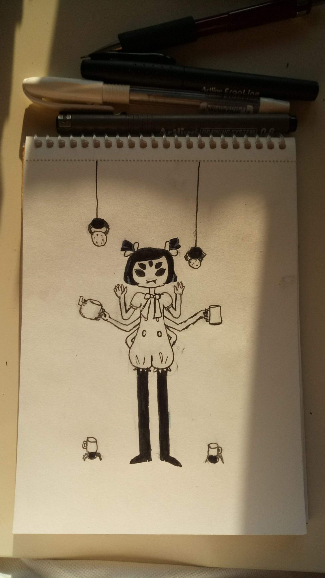 Sketchbook. Muffet from Undertale holding a mug and a teapot, with spiders surrounding her holding mugs and cookies.