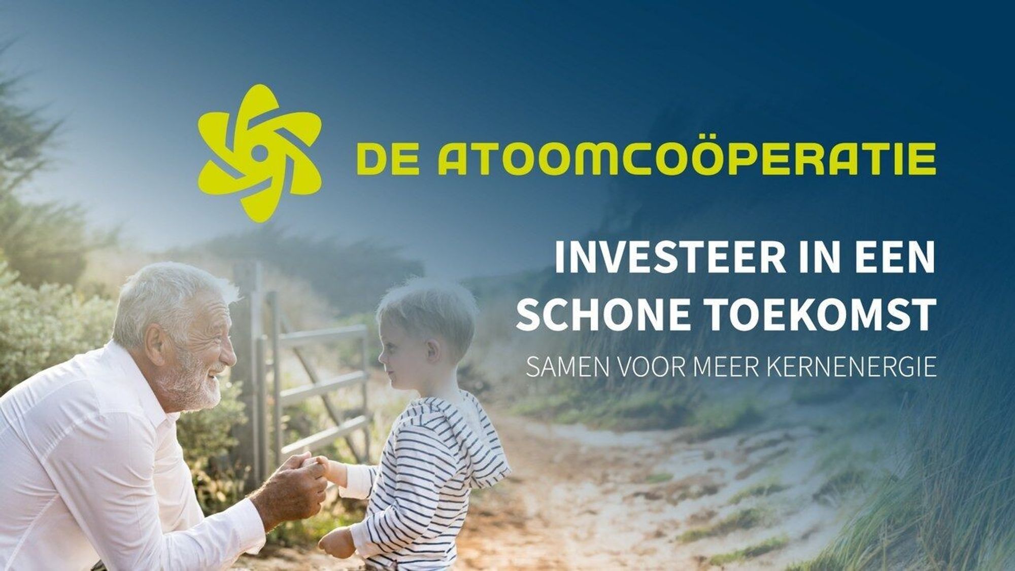 Banner van de Atoomcoöperatie, met de slogan "investeer in een schone toekomst, samen voor meer kernenergie".