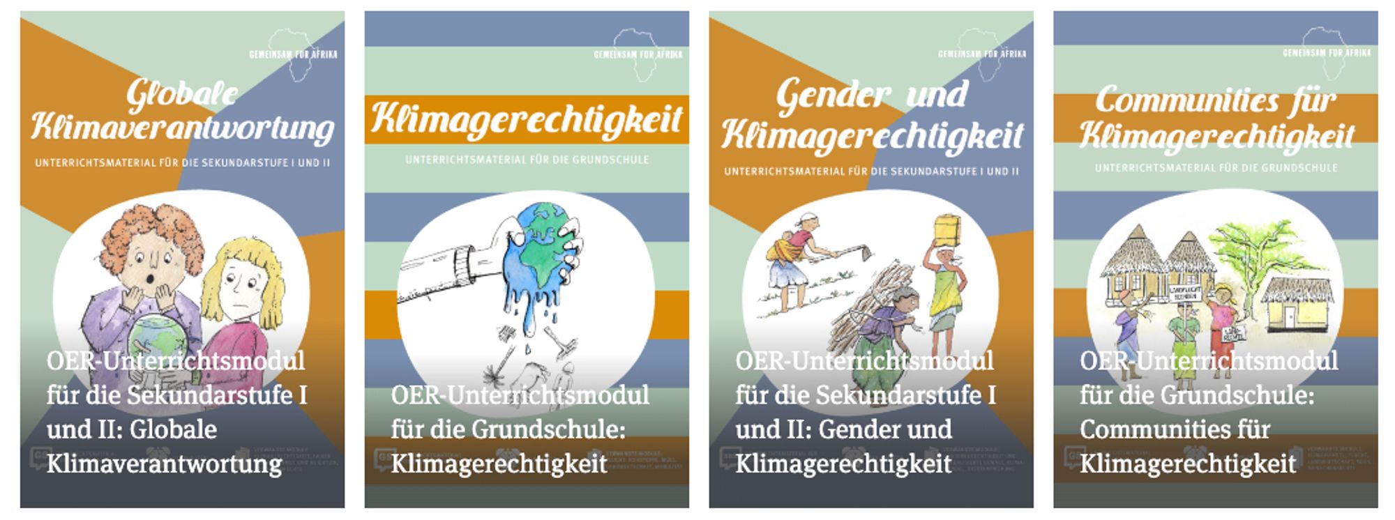 Screenshot zu den vier Unterrichsmodulen mit den Titeln: 1. OER-Unterrichtsmodul für die Grundschule: Klimagerechtigkeit 2. OER-Unterrichtsmodul für die Sekundarstufe I und II: Globale Klimaverantwortung 3. OER-Unterrichtsmodul für die Sekundarstufe I und II: Gender und Klimagerechtigkeit 4. OER-Unterrichtsmodul für die Grundschule: Communities für Klimagerechtigkeit