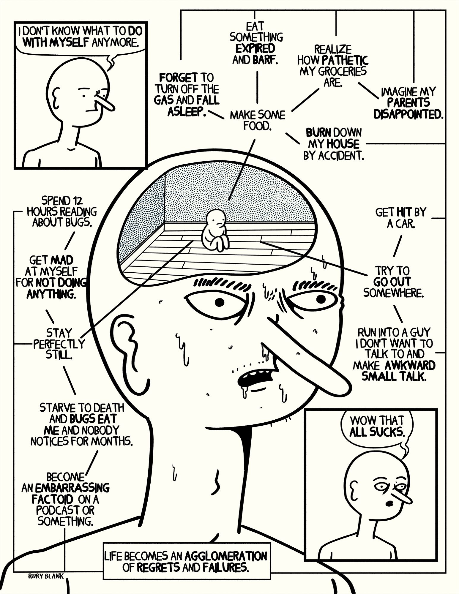 in a small panel a fairly nondescript person stares looking vexed saying "I don't know what to do with myself anymore"

In a big central drawing of that person, mouth agape, drooling, with a small window into their head showing them as a little ball person, lines point outward to various options.

Make some food:
-forget to turn off the gas and fall asleep.
- eat something expired and barf.
-realize how pathetic my groceries are. - imagine my parents disappointed
-burn my house down by accident.

Try to go out somewhere
- get hit by a car
- run into a guy i don't want to and make awkward small talk.

Stay perfectly still
- get mad at myself for not doing anything
- spend 12 hours reading about bugs
- starve to death and bugs eat me and nobody notices for months
- become an embarrassing factoid on a podcast or something.

all options lead to "life becomes an agglomeration of regrets and failures"

In a second small panel, the person, now eyes wide, says "wow that sucks.