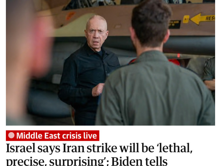 A guardian headline saying "Israel says Iran strike will be lethal, precise, surprising"