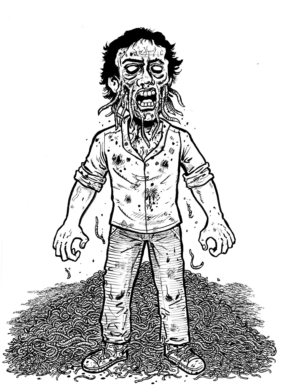 Drawing of Roger Grimes, the guy who gets worms eating into his face in the movie SQUIRM (1976). He's standing in front of a big pile of worms. 