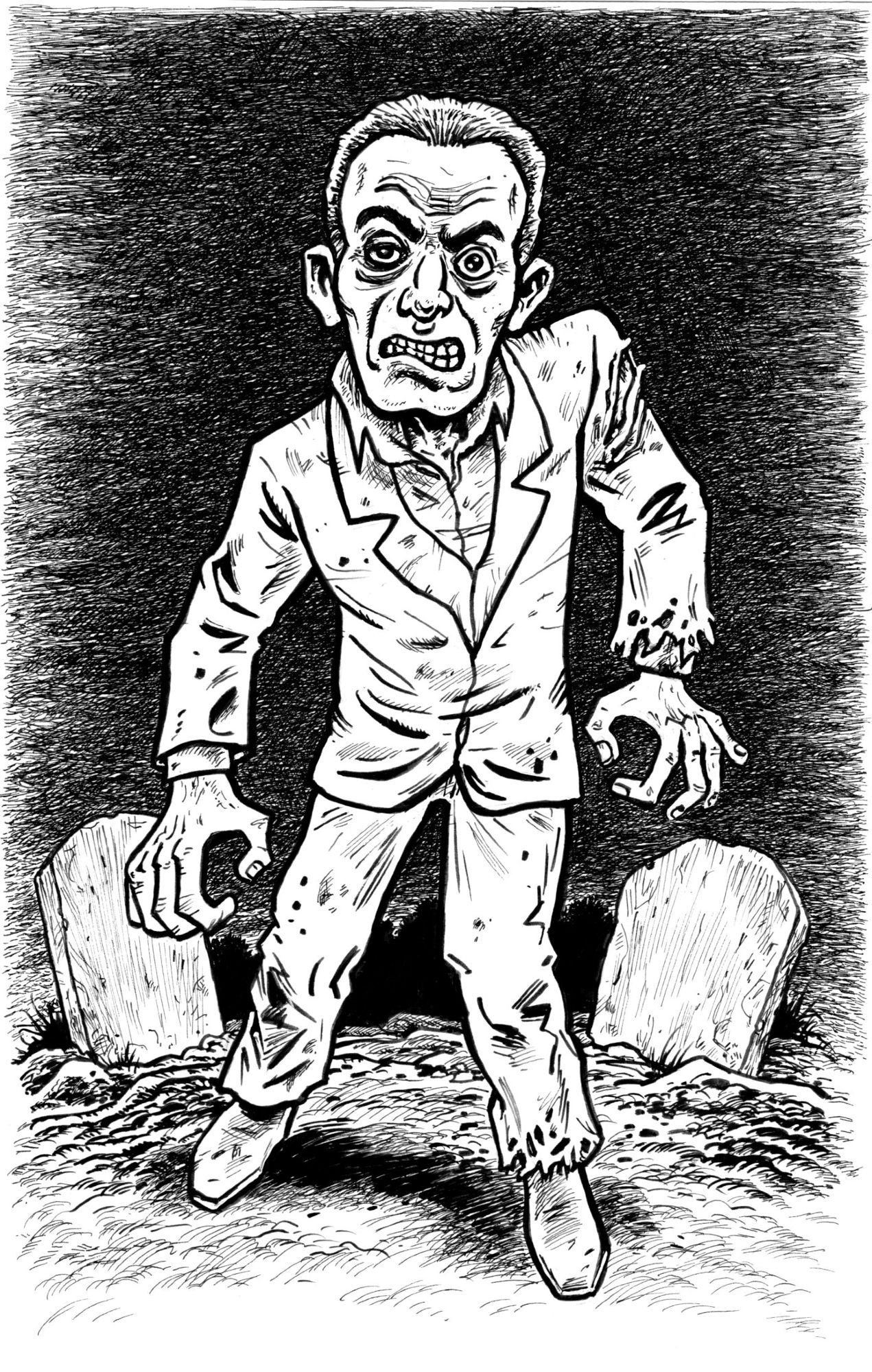 Drawing of the graveyard ghoul/zombie from the beginning of NIGHT OF THE LIVING DEAD (1968). Shuffling along in front of two tombstones.