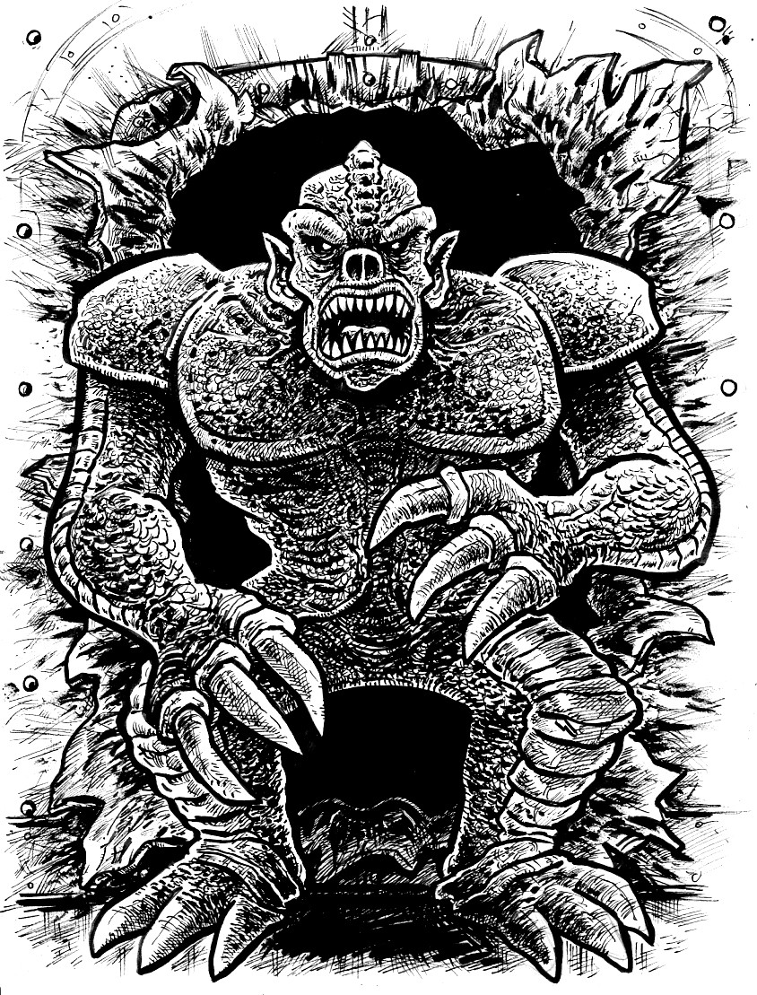 Drawing of the titular creature from IT! THE TERROR FROM BEYOND SPACE (1958). Big rubber monster-type of space monster that has snuck onto a spaceship and is shown having torn through a steel door.