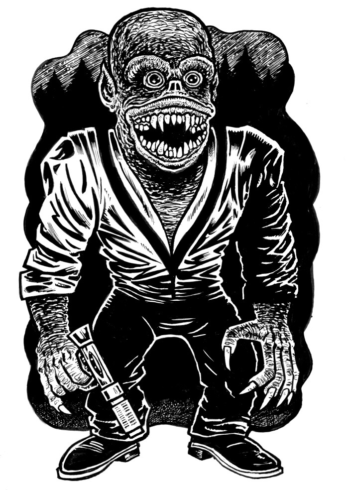 Drawing of the titular creature from Don Dohler's NIGHTBEAST (1982). It's like a guy in a big monster mask with a lot of teeth and wearing some kind of disco outfit. It carries a gun that shoots disco lights and kills people with disco.