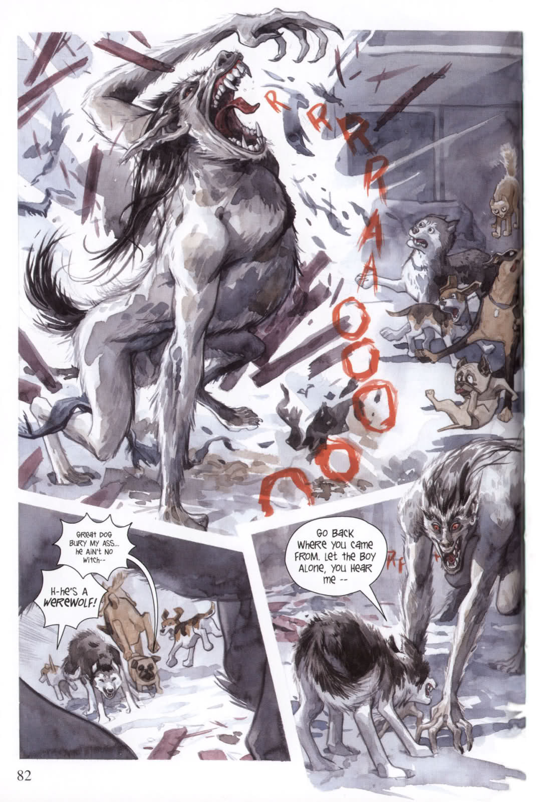 Jill Thompson watercolor page from the Beasts of Burden story "A Boy and His Dog", depicting a werewolf menacing the dogs and cat heroes.