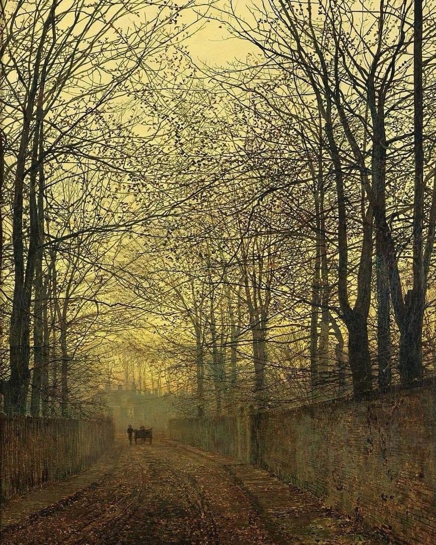 Victorian cobbled street - walled on either side with bare (sycamore type) trees reaching up into a golden/yellow sky. Silhouetted figures at the far end of the street just before some house slightly obscured by golden mist. 
The whole painting has a golden aura. 

Definitely not like piss.