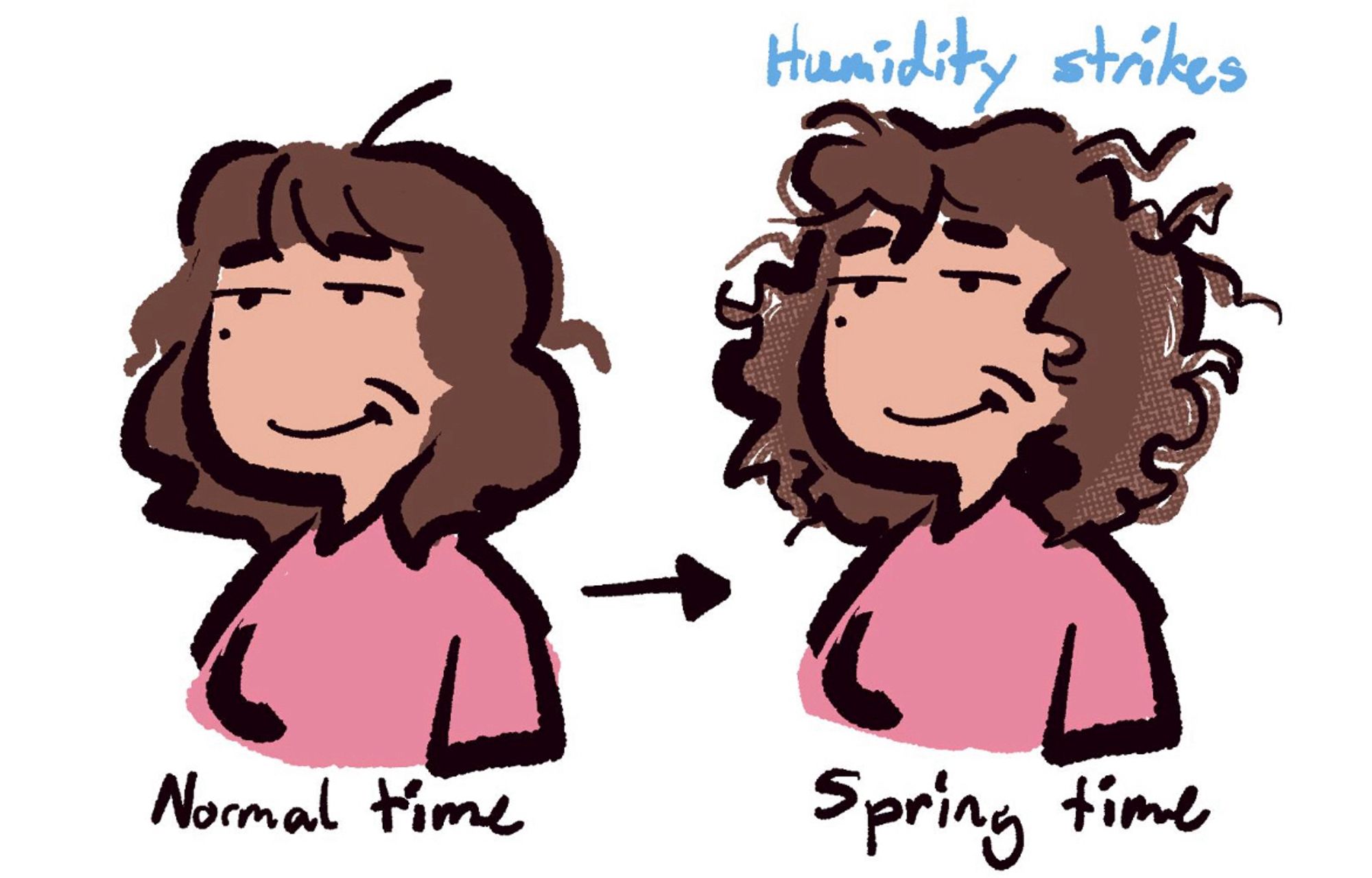 Cartoon drawing of a woman from the torso up. A before and after showing the sane woman during “normal time” and “spring time”. The woman’s hair in spring time is frizzy and disheveled. Above her head is the label “humidity strikes.”