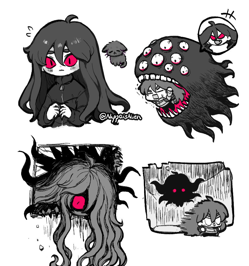 a set of Badeline from Celeste fanarts!!! contain 4 pics:
1.Badeline being a bit sad with a drawing of sad cat that looks similar to her
2.Badeline as a monster trying to eat Madeline (who is trying to push monster's mouth so it's not close)
3.spooky spooky Badeline coming out of mirror!!!
4.shadowy Badeline with glowing red eyes chasing Madeline (who is making this "( =[]=)" face) RUN!!!