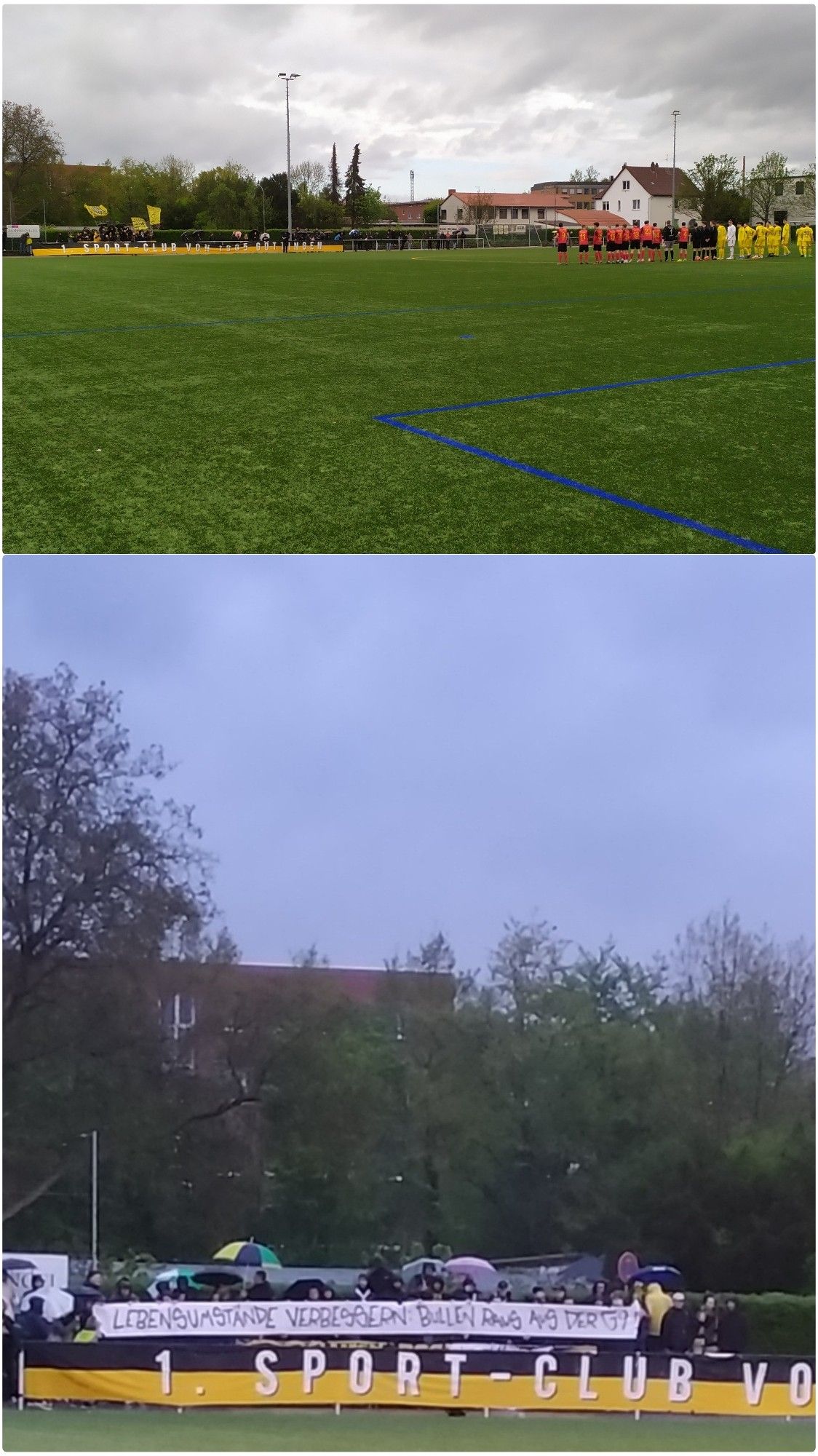 Blick auf den Sportplatz von Göttingen 05; unteres Bild Spruchband: "Lebensumstände verbessern Bullen raus aus der G9"