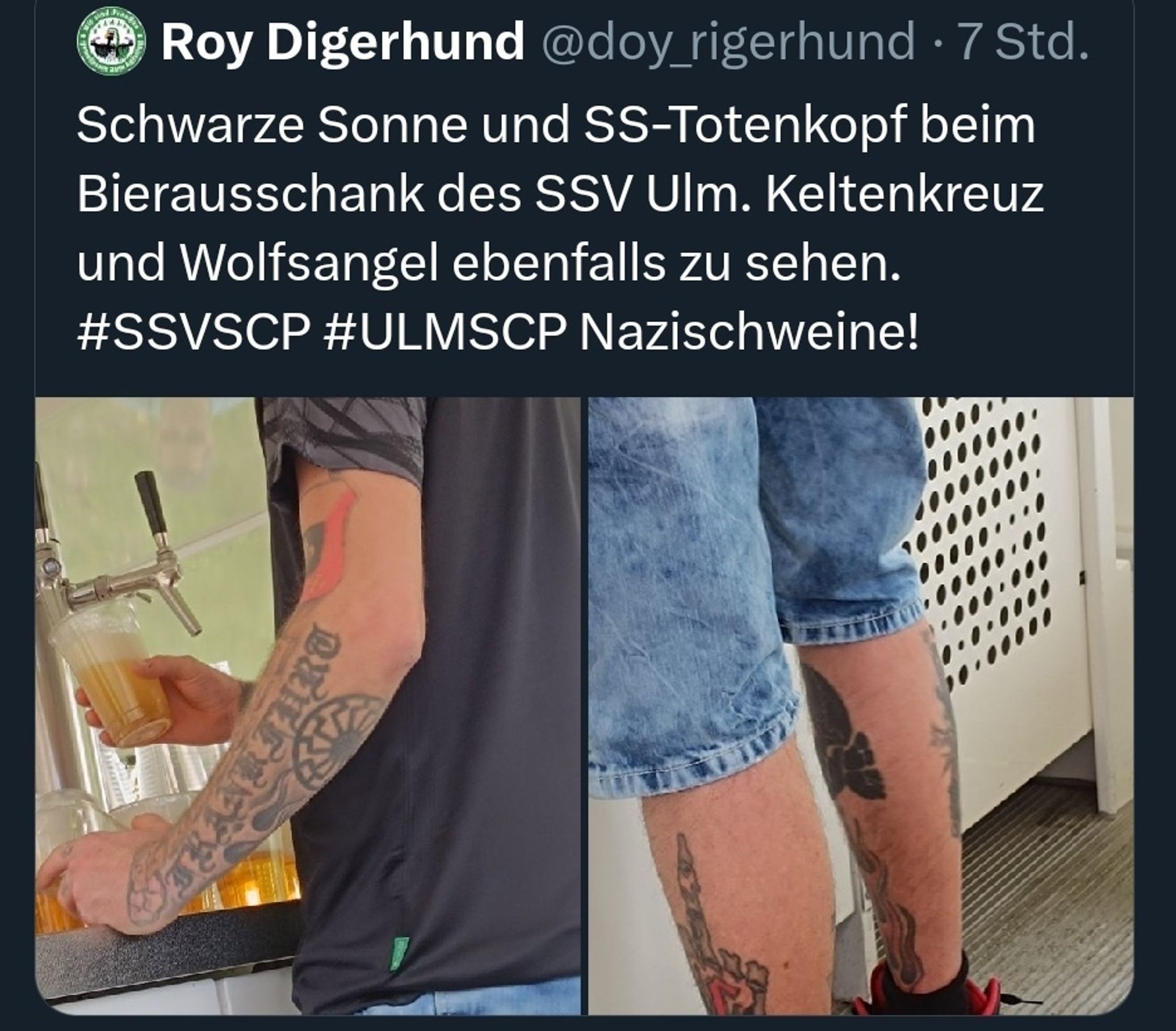 Tweet: "Schwarze Sonne und SS Totenkopf beim Bierausschank des SSV Ulm. Klettenkreuz und Wolfsnagel ebenfalls zu sehen. #SSVSCP #ULMSCP Nazischweine!"