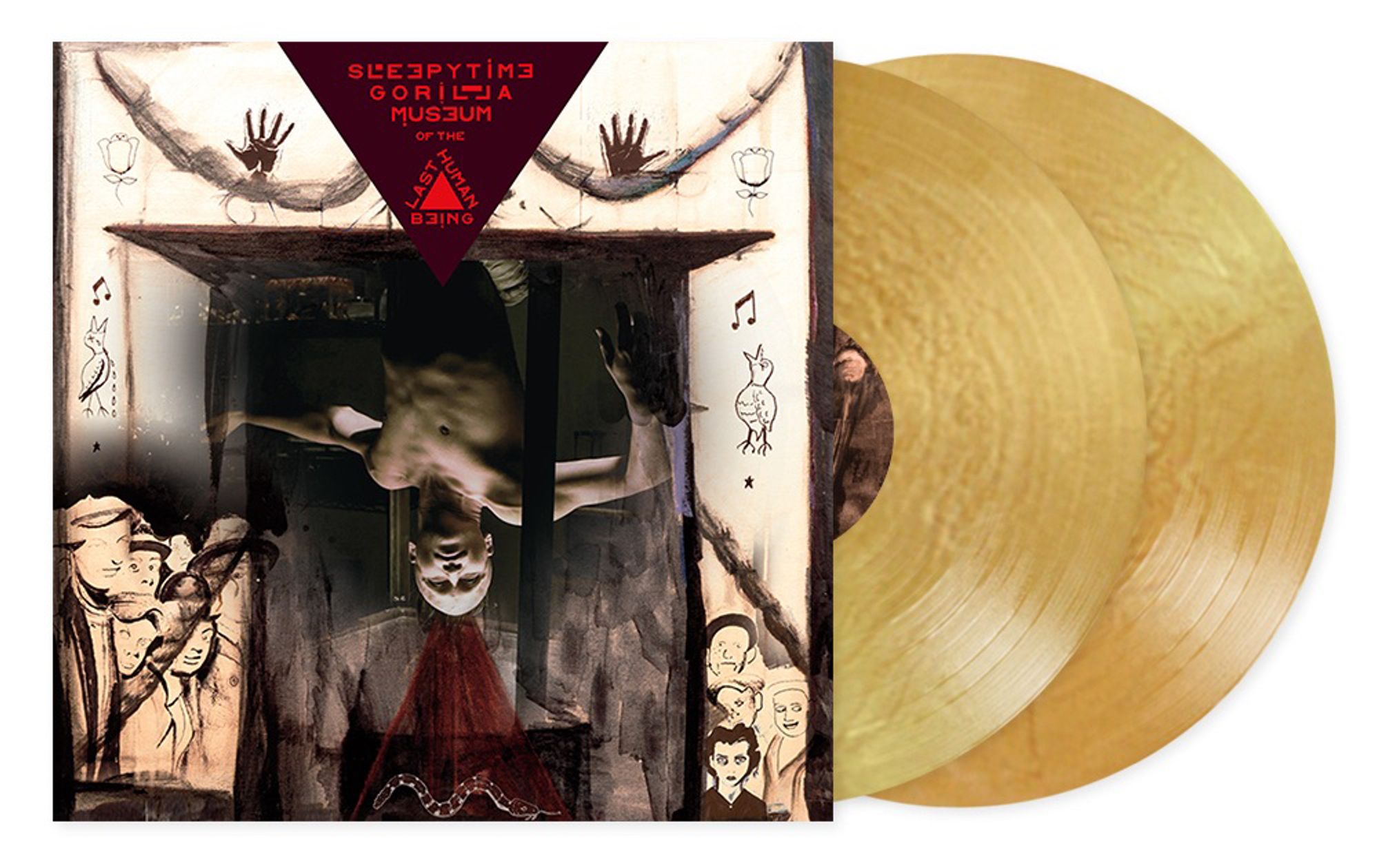 “Sleepytime Gorilla Museum of the Last Human Being” vinyl mockup in Grand Reopening Gold