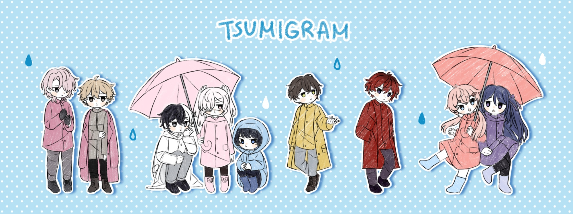 A bright-colored digital drawing of nine original characters in a chibi style. There are raindrops around them. All of them wear coats, and two of them hold umbrellas to cover others from rain. The text at the top says "Tsumigram" which is the name of the project.