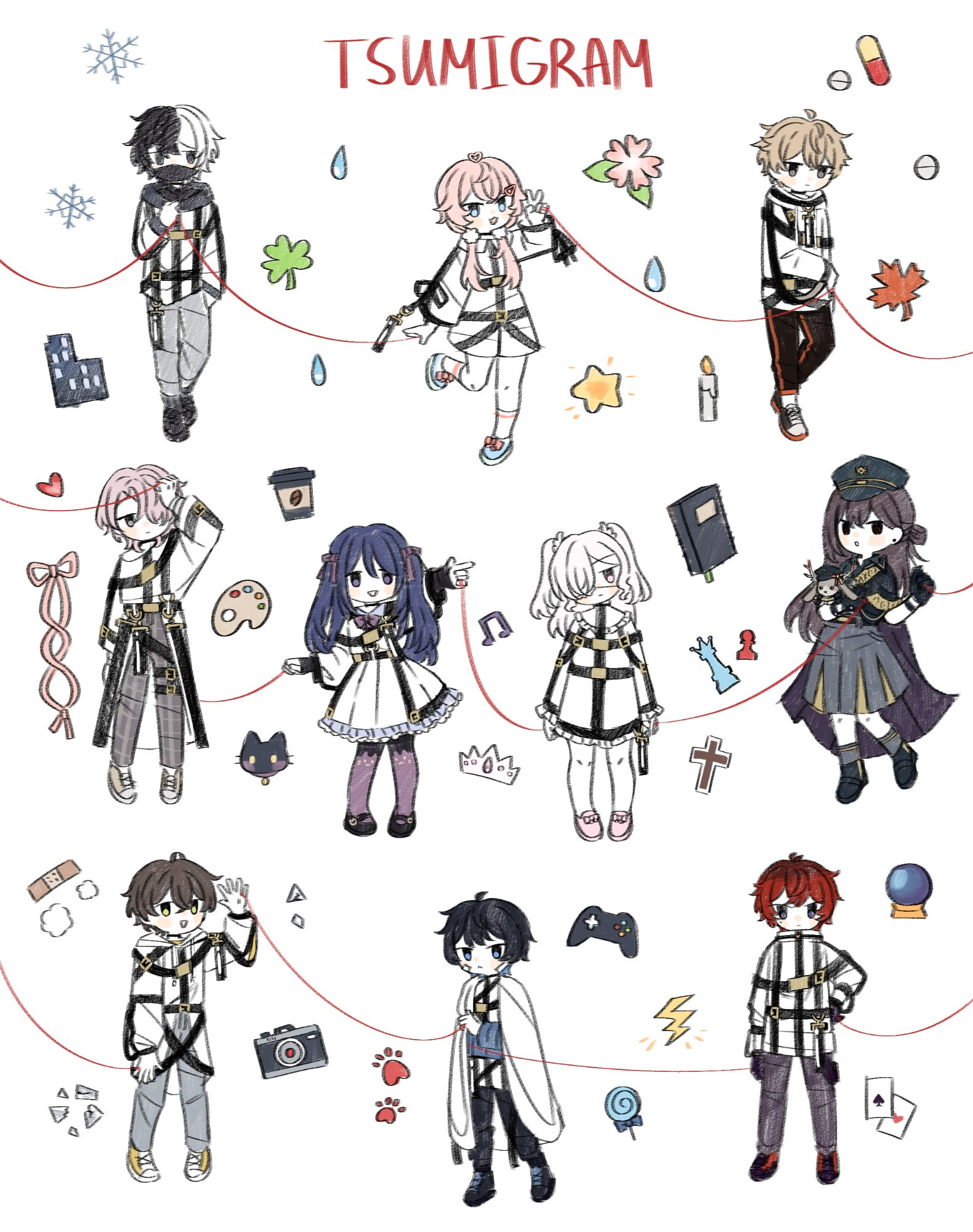 A digital drawing of ten original characters in a chibi style. They're connected by a red thread, and there are small items and symbols around them associated with every character. The text at the top says "Tsumigram" which is the name of the project.