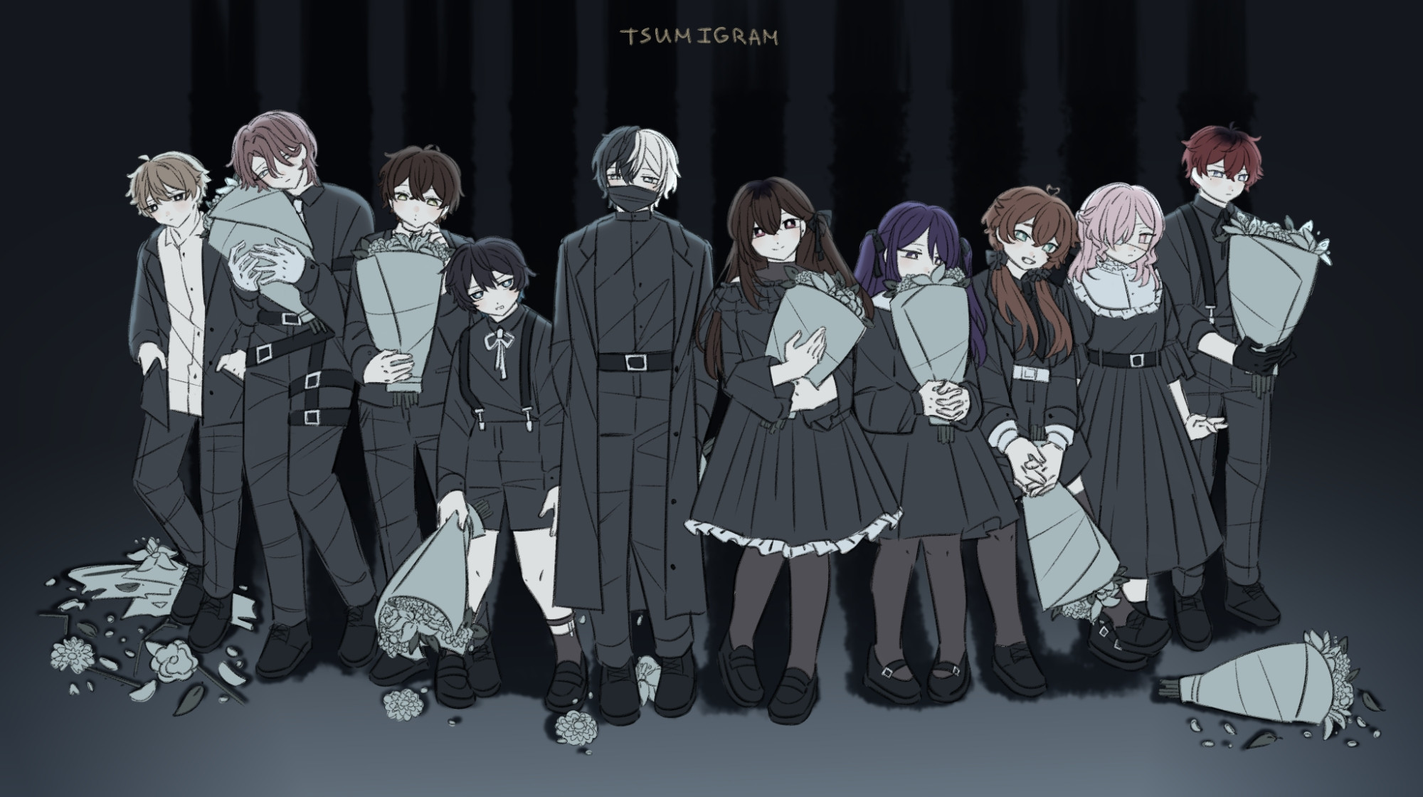 A digital drawing of ten original characters in dim colors. They wear black outfits with white details and hold funeral bouquets with white flowers. They all hold the bouquets in different ways, and some have dropped them on the floor. The text at the top says "Tsumigram" which is the name of the project.