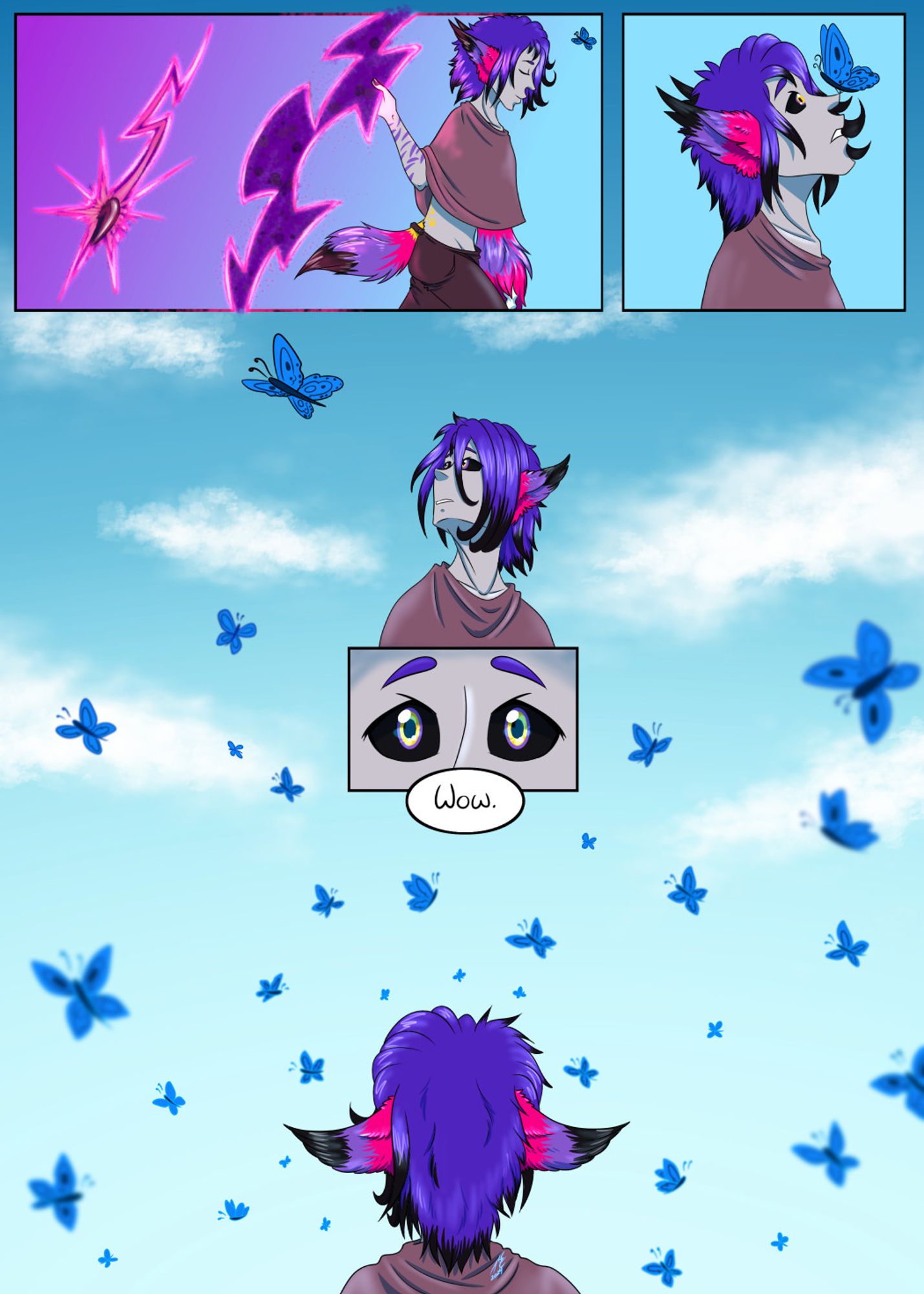 A comic page showing a character clawing into a world filled with blue butterflies and is in awe by their beauty.