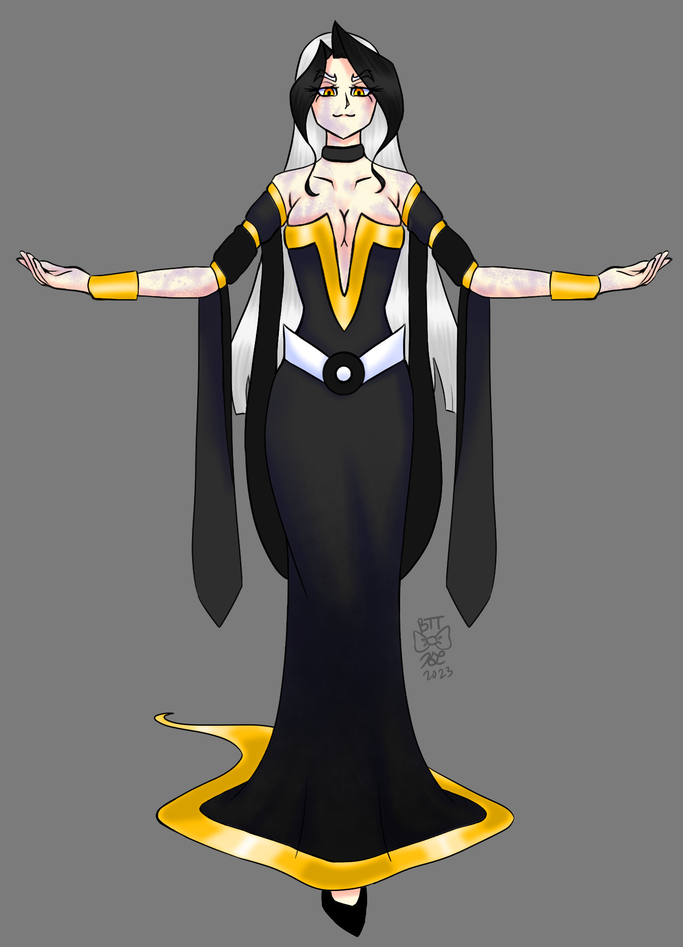 A woman (Lilith) standing with her arms out in a victory pose. She is wearing a long black dress with gold trimmings. Her sleeves are long and flow down to her sides.