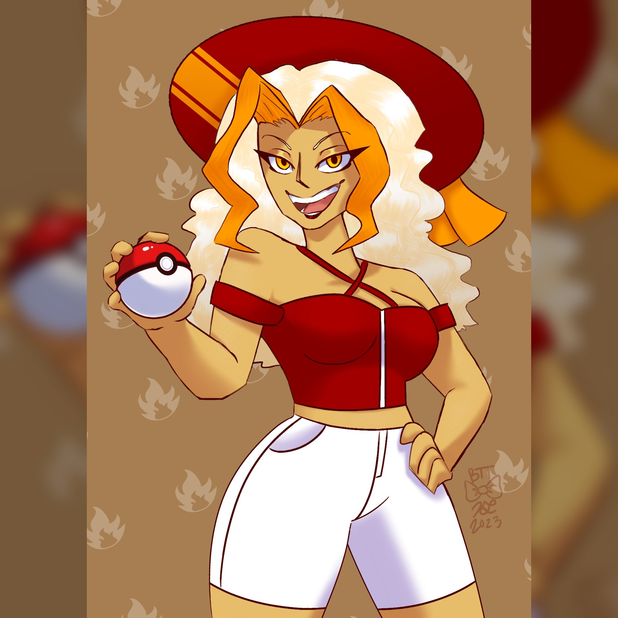 Zorra in her summer outfit; a red corset top, white capri shorts, and a red sunhat with orange stripes.