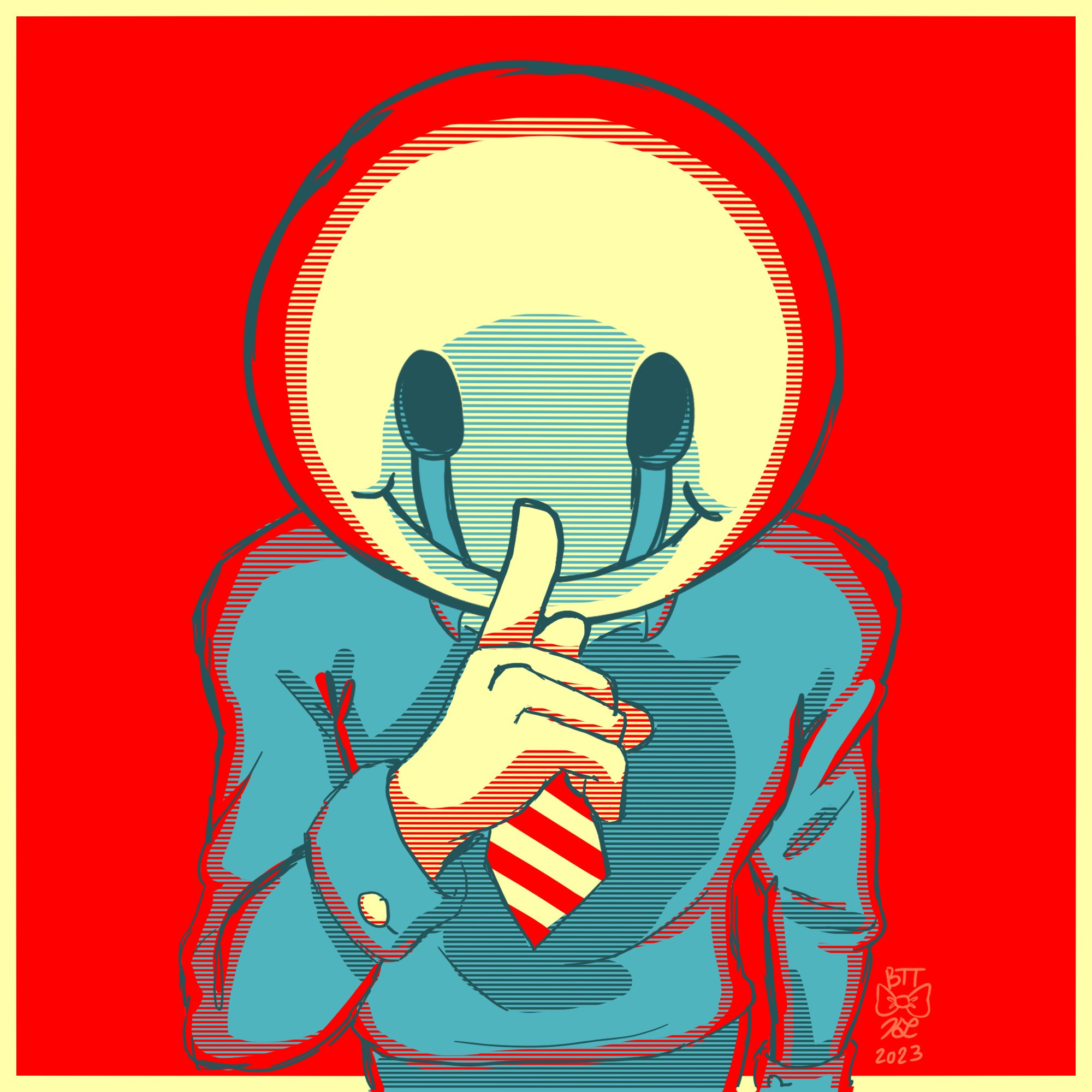 A masked figure wearing a suit and tie (named The Subject). They are drawn in the style of OBEY posters.