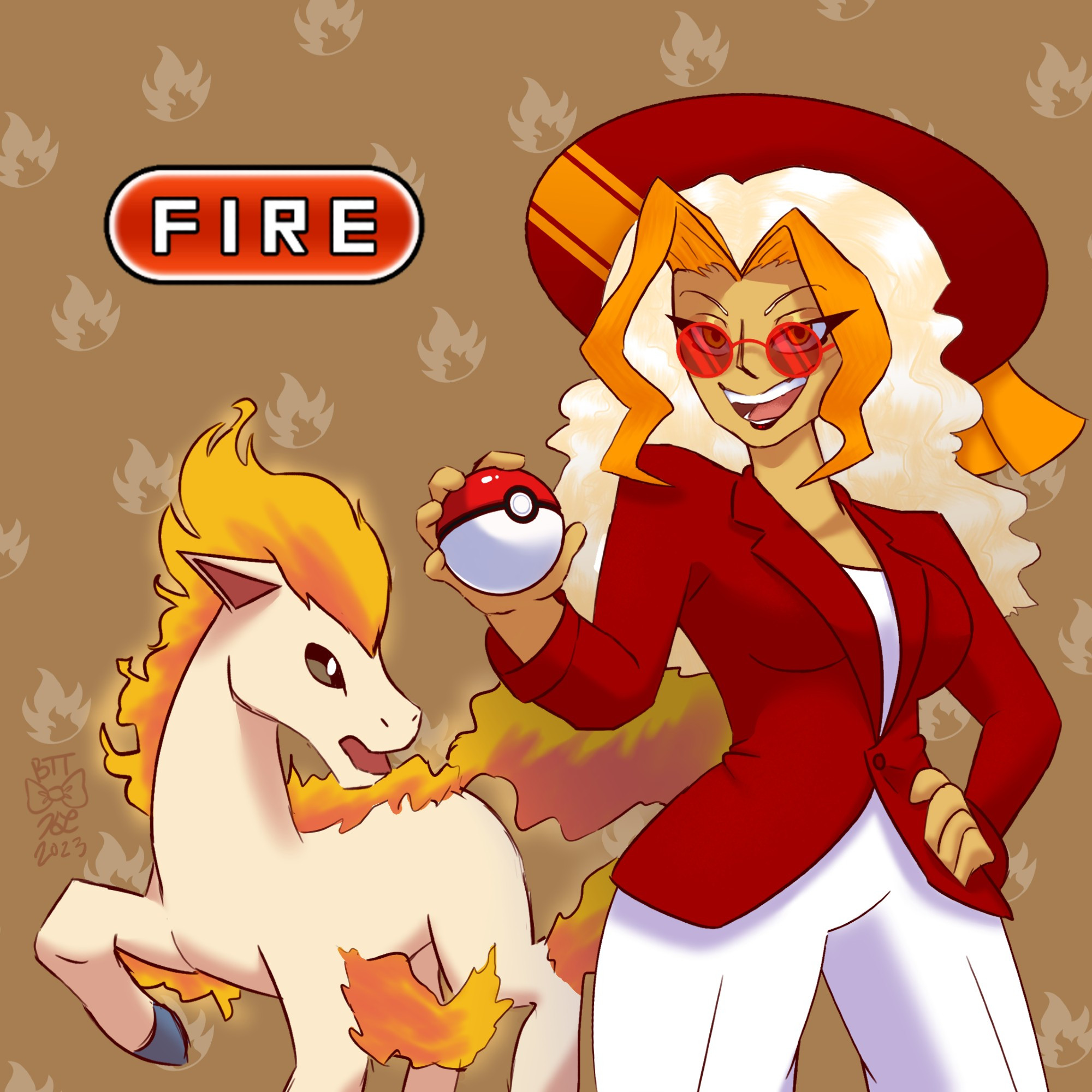 Zorra (female) is wearing a red blazer and white dress pants. She has a large red sun hat with 3 orange stripes. She holding a Pokeball, with her Pokemon, Ponyta by her side