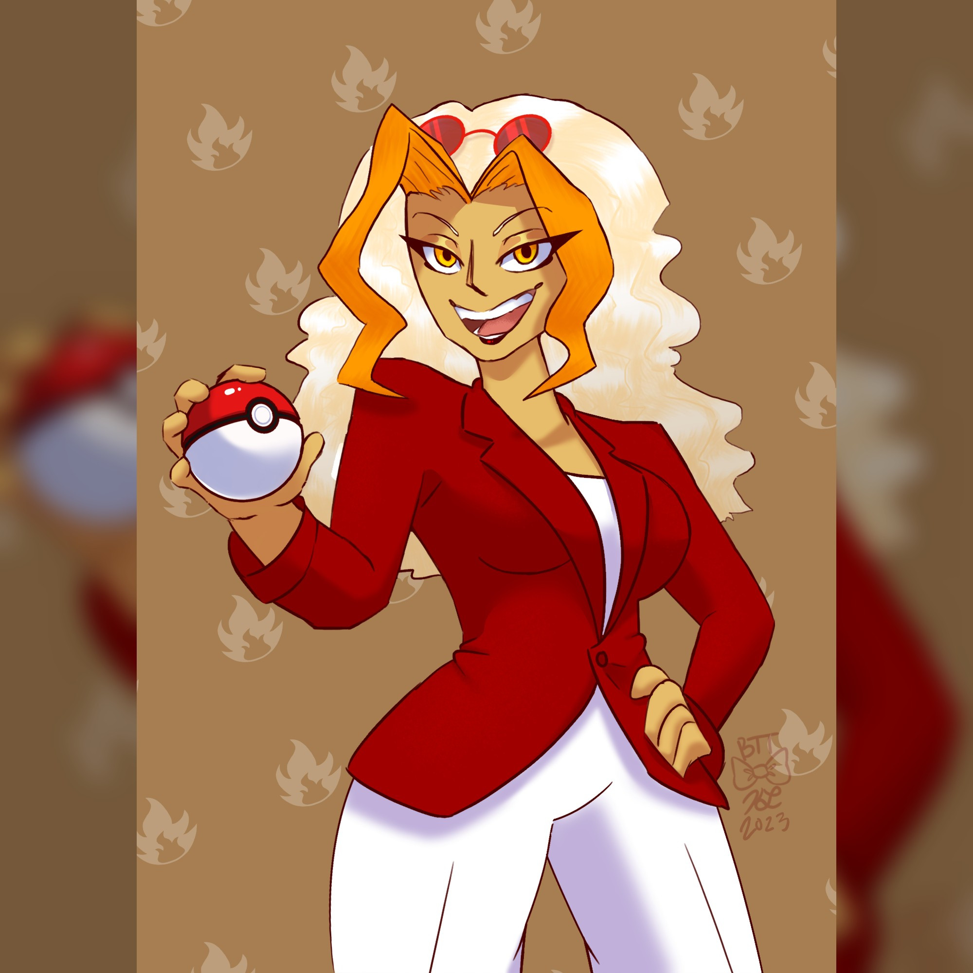 Zorra holding a Pokeball. Alt drawing without her hat, and with sunglasses on top of her head.