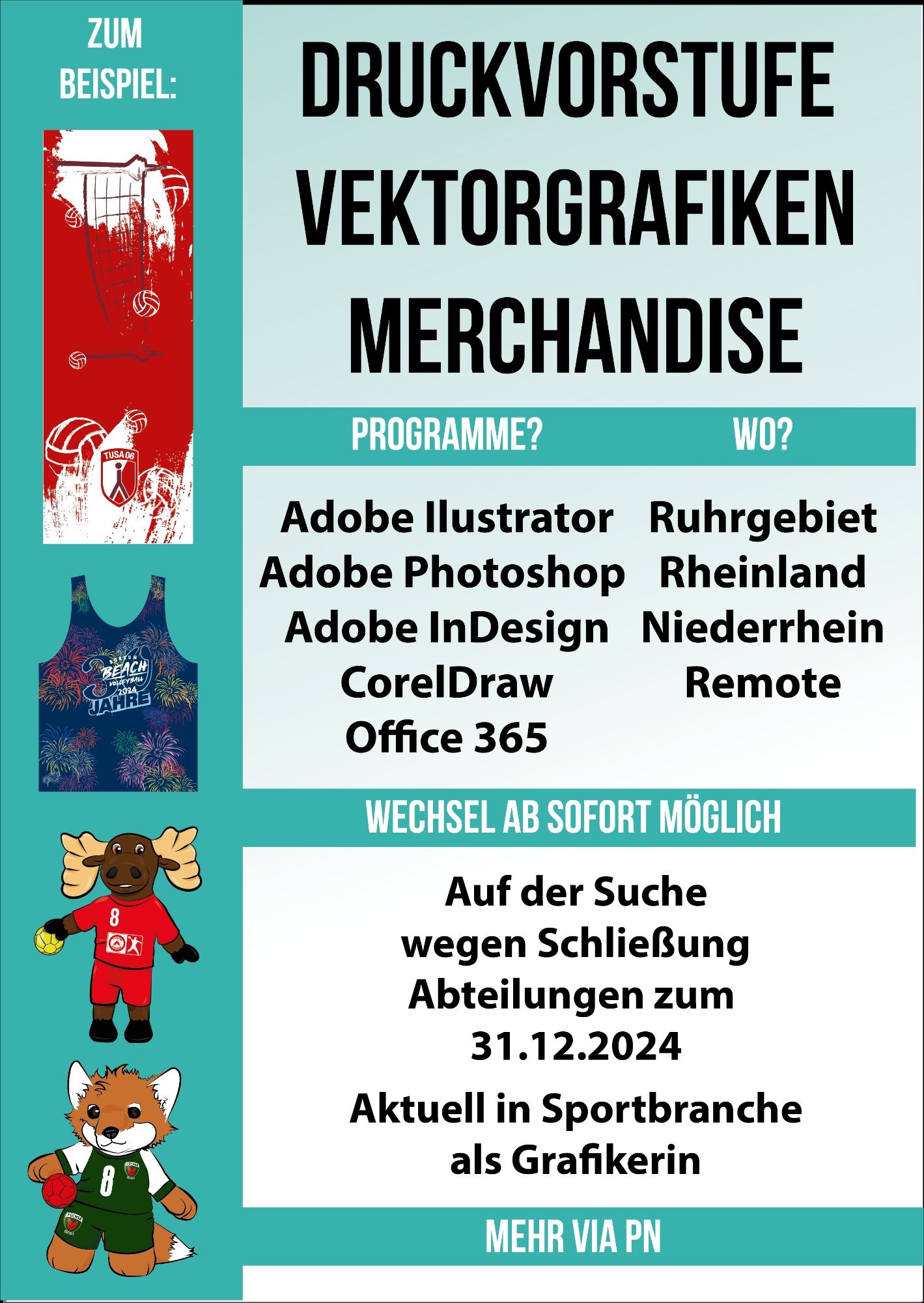 Grafik zu einem Jobgesuch in Richtung Druckvorstufe, Vektorgrafiken und Merchandise mit Beispielen von Grafiken und weiteren Textinfos.