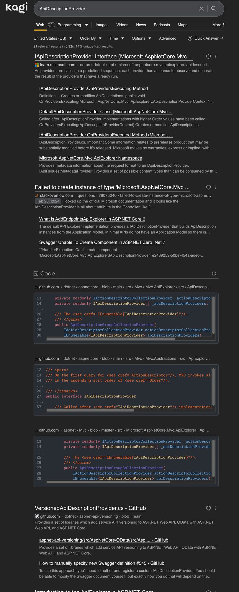 Kari search engine results for “IApiDescriptionProvider” with snippets of implementation code directly from the dotnet GitHub source in 3 different GitHub repositories.