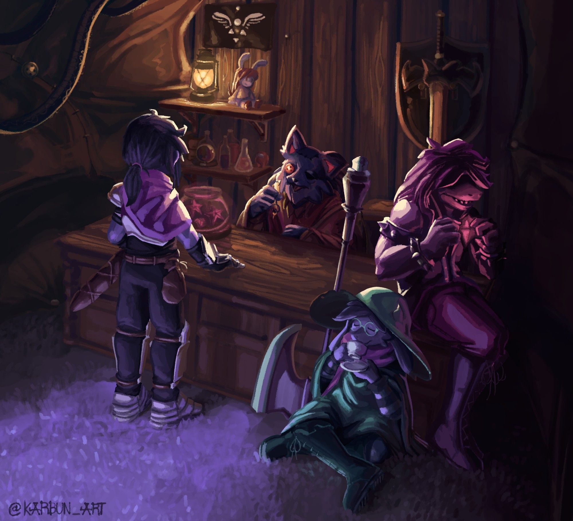 Kris, Ralsei and Susie from Deltarune rest inside of Seam's shop, a yellow light from a lantern on one of the shelves illuminates the inside, while a blue-ish light from the outside shines onto the grassy floor of the makeshift shop from the entrance just off-camera. The shelves have a variety of goods, mysterious potions and orbs, as well as a familiar plush. The wall has a flag depicting the Delta Rune nailed to it, as well as an orange sword with a bat-like guard. The counter has but a lone jar sitting on top of it, with dark candy inside.
Ralsei and Susie are relaxing, the former sitting on the grassy floor sipping tea, and the latter rudely sitting on the counter, snarking down some dark candy. Kris, on the other hand, stands chatting with Seam who is on the other side of the counter, as he hands over to them one broken half of a key.