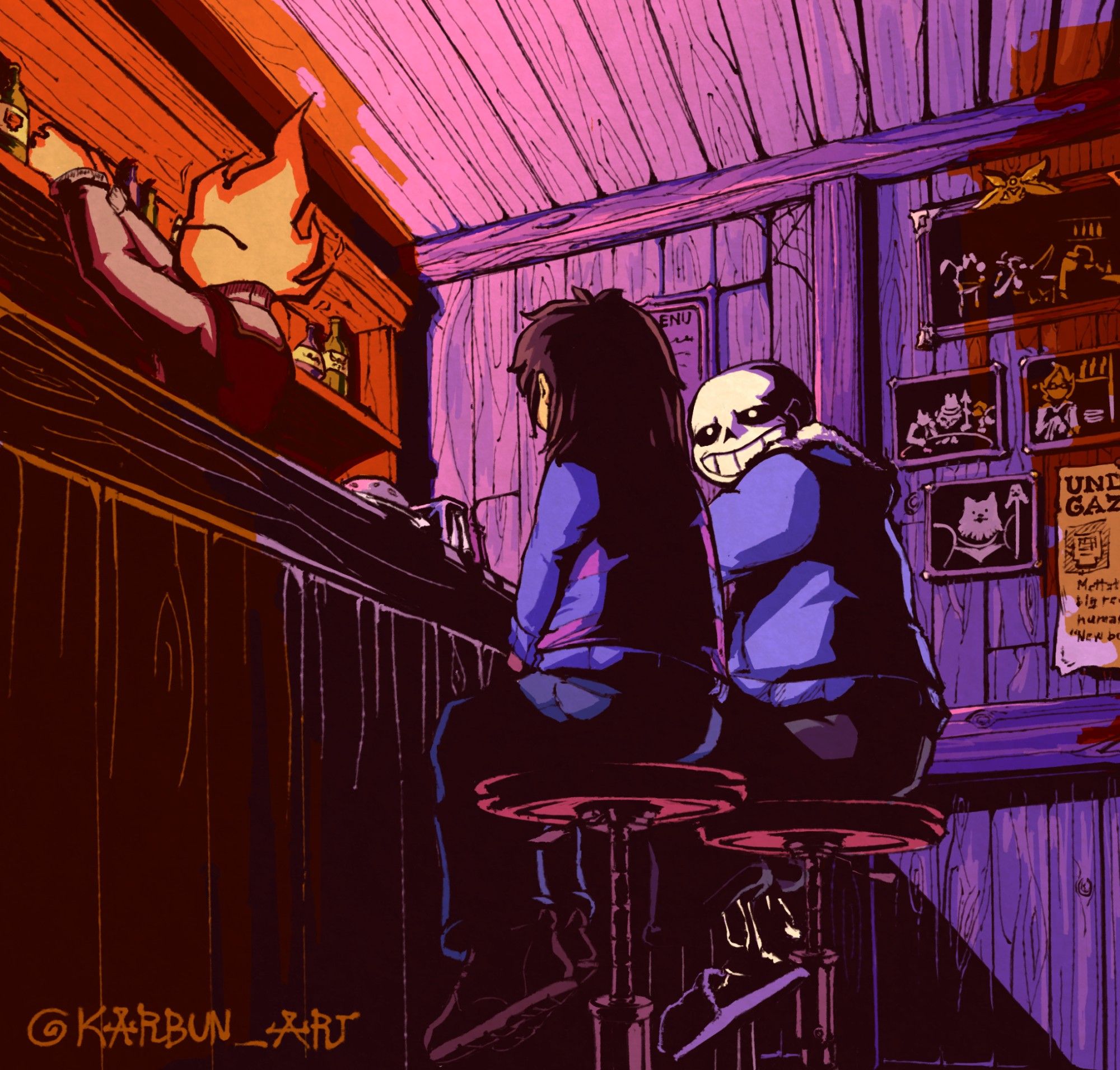 Sans and Frisk from Undertale are sitting in Grillby's bar, the walls decorated with photographs of the place and it's patrons, as well as a newspaper. The barkeeper, Grillby, is busy grabbing something from the shelves, his naturally flaming head illuminating the surrounding area.
Sans has his head turned torwards Frisk, wearing a somewhat interrogative expression, with a hint of worry, the two partaking in an important conversation. The warm light of Grillby's flame takes a cold coloring around Sans and Frisk, almost as if they are isolated from the rest of the establishment.