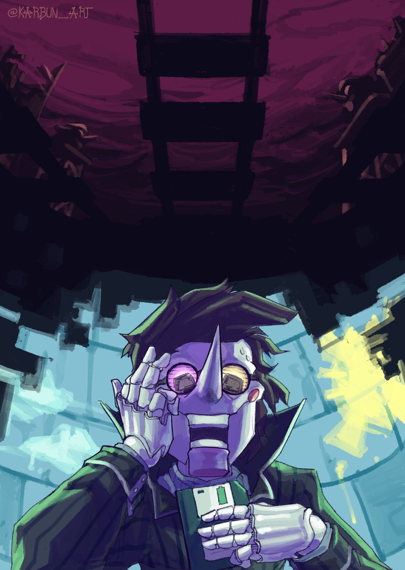 Spamton from Deltarune stares with a mixture of crazed joy and anxiety at an empty floppy disk, beads of sweat dropping from his forehead.
In the background, his store's bright blue walls, decorated with a hastily painted sun and clouds, break apart into a vision of minecart tracks amidst a ruined city with erected replicas of Spamton's face in the cloudy, dark magenta skyline, foreshadowing his future transformation.