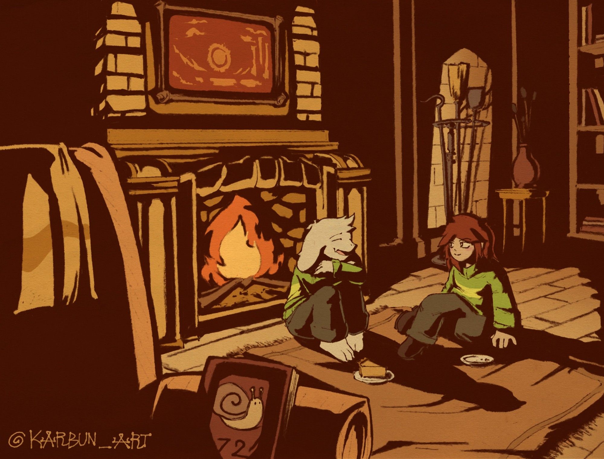 Asriel and Chara from Undertale sitting on a rug in front of a cozy fireplace, they smile as they chat and enjoy slices of butterscotch pie.

Above the fireplace hangs a painting of the outside world, and on the foreground, there is an empty armchair with only a copy of the book "72 Uses for Snails" resting on it.