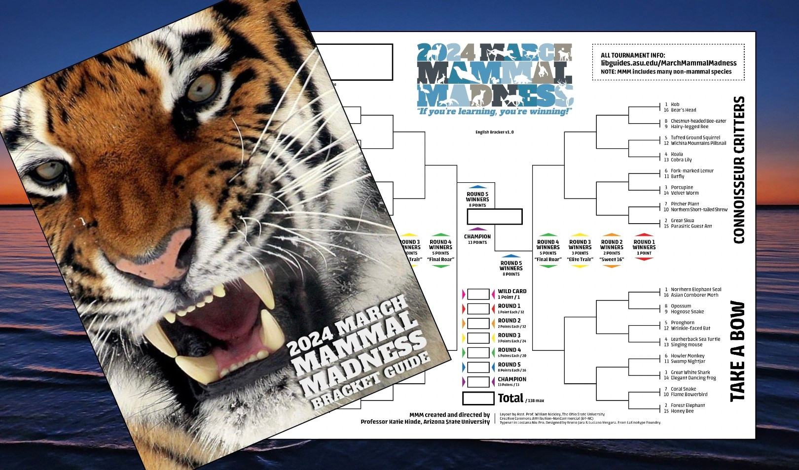 2024 MARCH MAMMAL MADNESS BRACKET & GUIDE Cover with Snarling Tiger. Learn all the rules of the MMM game universe and other key things to know in versions for both Player/Learner: libguides.asu.edu/ld.php?content_id=75544778 & Educator libguides.asu.edu/ld.php?content_id=75544744
Screen-Reader compatible version at the LibGuide: https://libguides.asu.edu/MarchMammalMadness/players