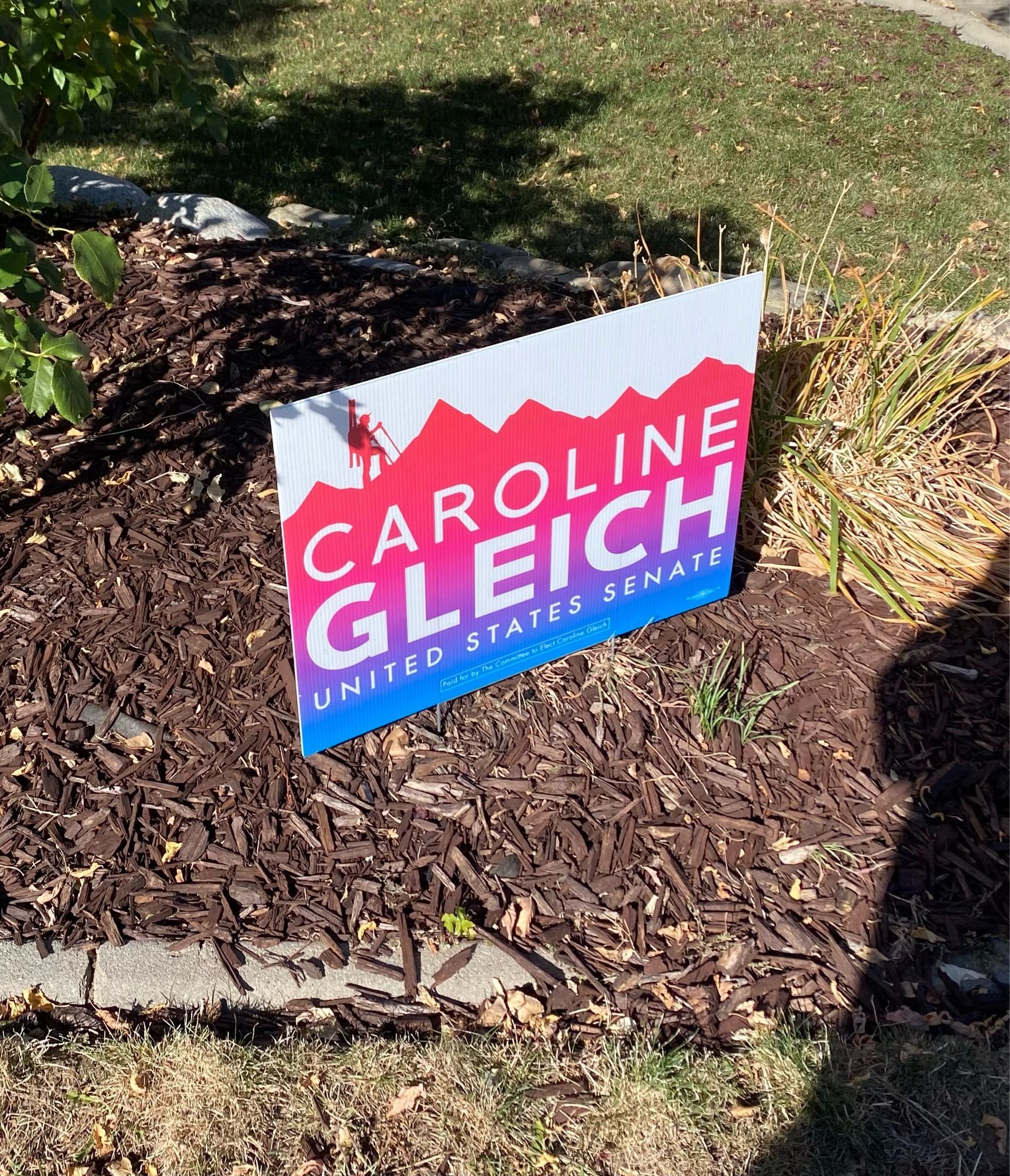 Campaign sign for Caroline Gleich for senate in Salt Lake City, Utah.