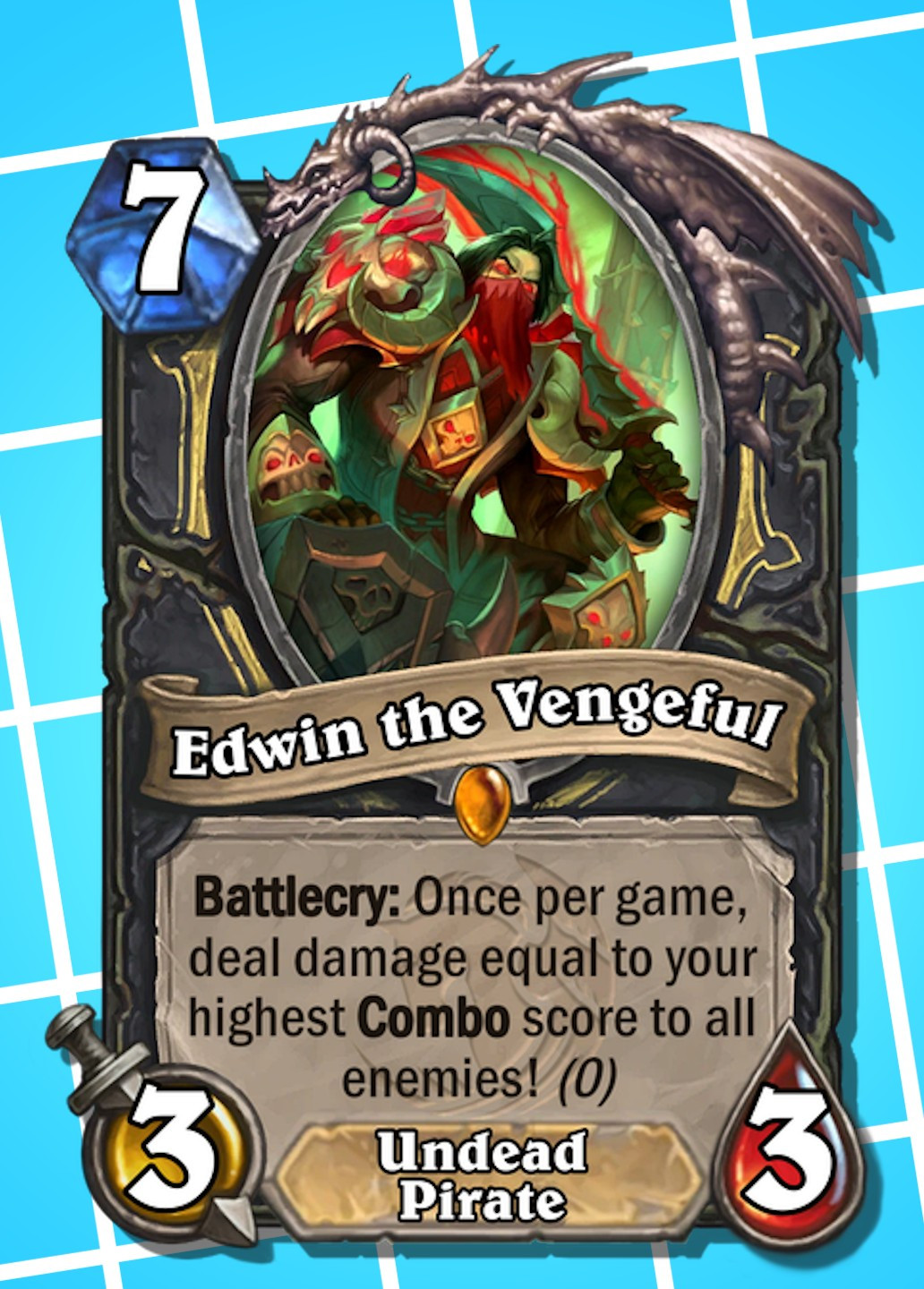 Edwin the Vengeful - Legendary Rogue Undead Pirate - 7-Mana 3/3 with "Battlecry: Once per game, deal damage equal to your highest Combo score to all enemies! (0)"