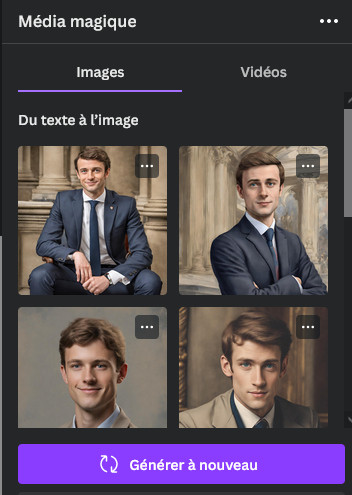 Capture d'écran de Canva affichant 4 images de jeunes députés macronistes créés par IA qui, de fait, ressemblent à Attal