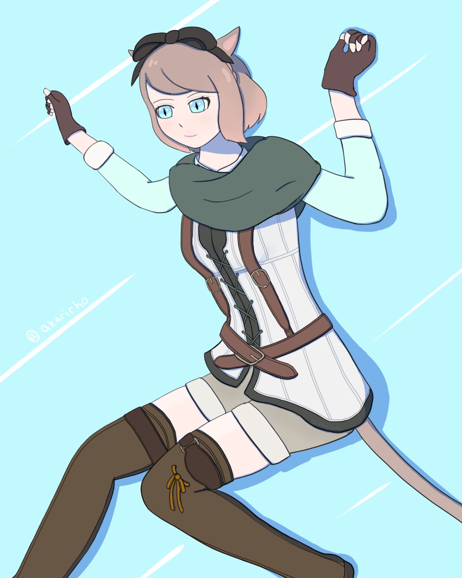 A young Miqo'te woman with short brown hair with a dark brow ribbon on-top. She is wearing a white vest with brown suspender belts over it. The vest has a dark green liner and underneath she has a teal long sleeve shirt. She has tan shorts on and leather thigh-high boots. She's in a pose as if falling in a way to land a jump