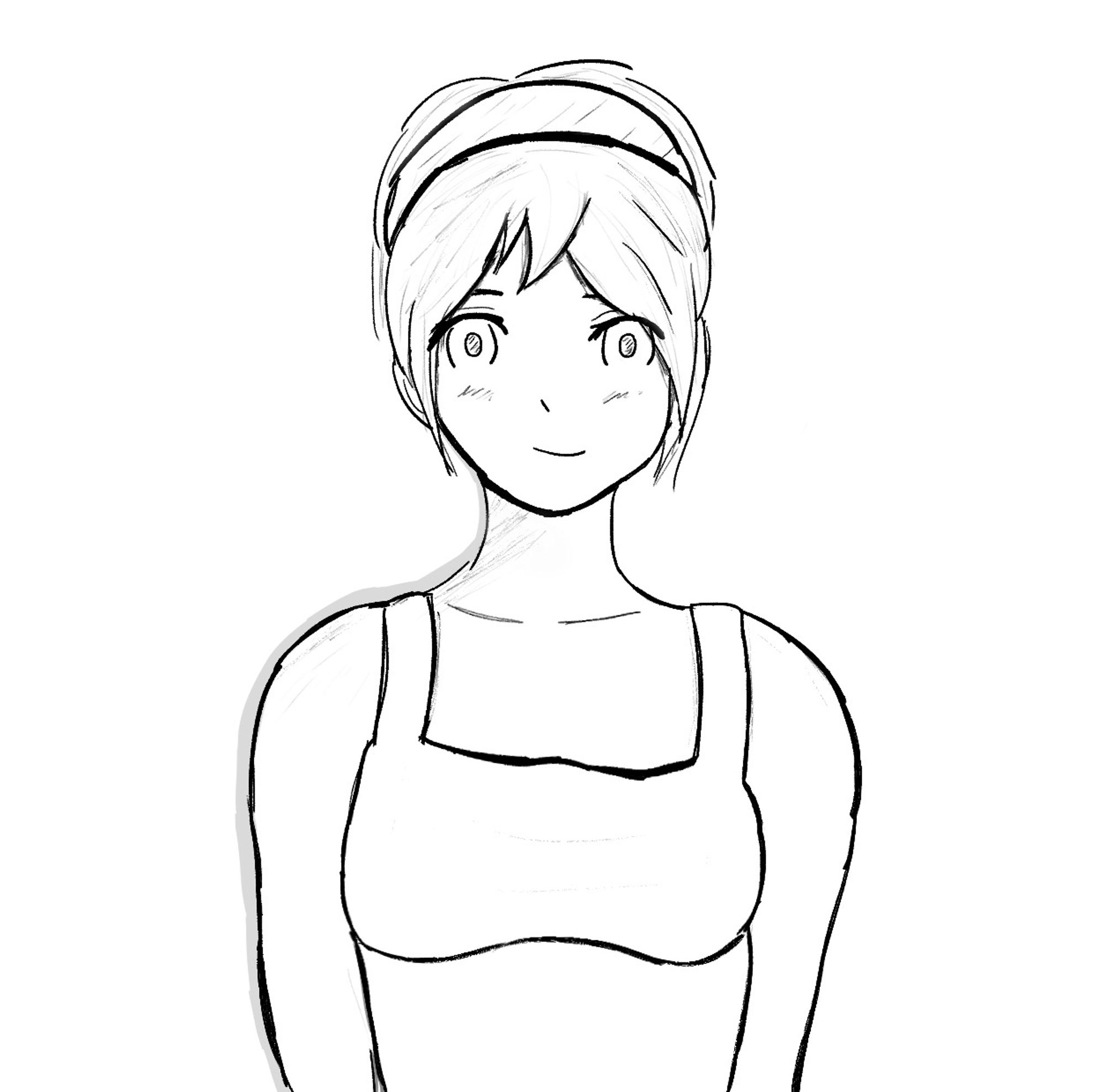 A young woman with short hair proofed up in the back by a headband, she’s wearing a tank top with her arms behind her back