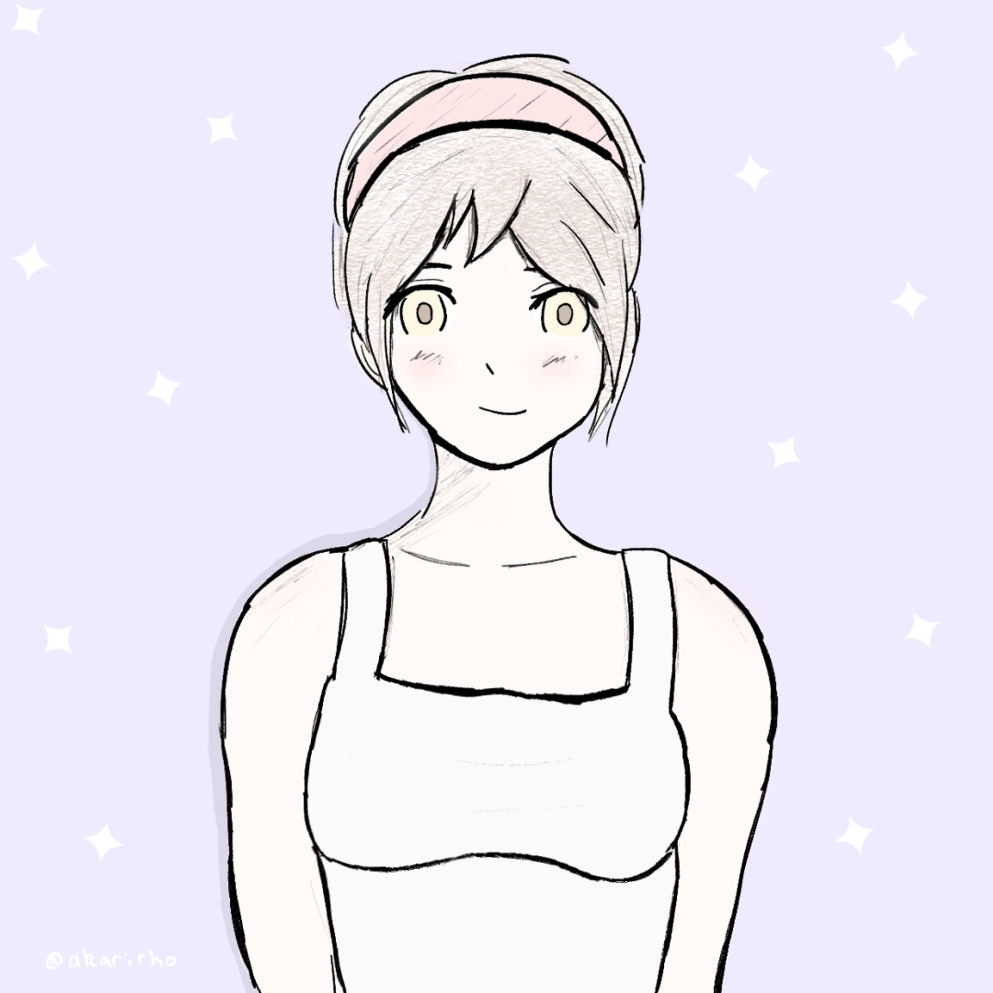 A young woman with short brown hair and hazel eyes. She's wearing a white tank-top and has a pink band in her hair poofing up the back. There is a light purple background with white star like diamonds in it.