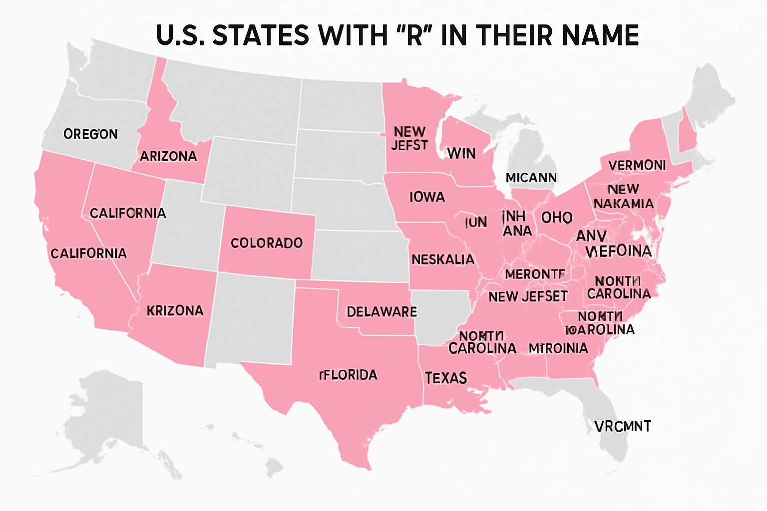 A shitty map created by ChatGPT5.  it purports to be US States with an R in their name, but it's wrong and dumb and worthless just like LLMs.